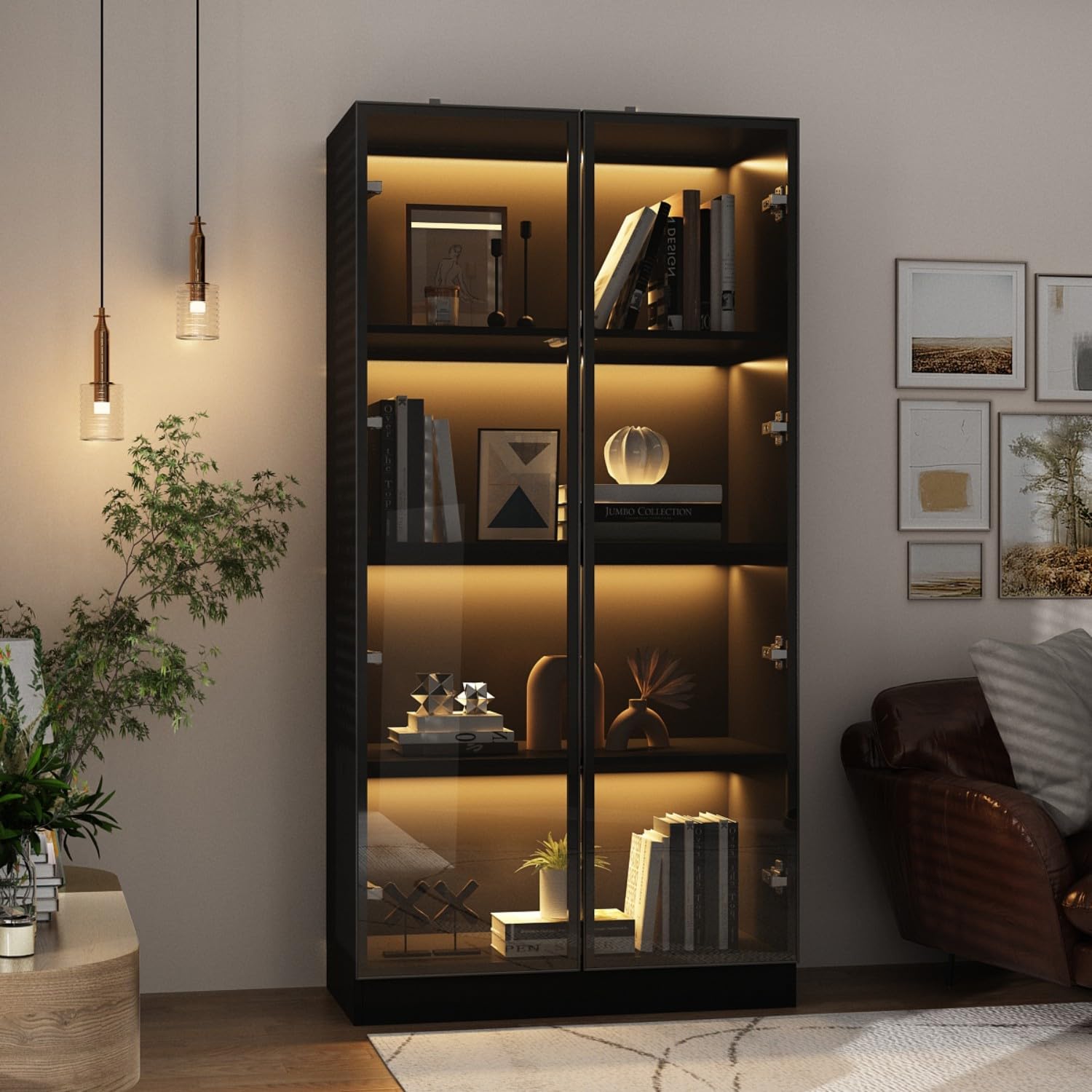 FAMAPY 4-Tier Glass Display Cabinet with LED Lights - 31.5