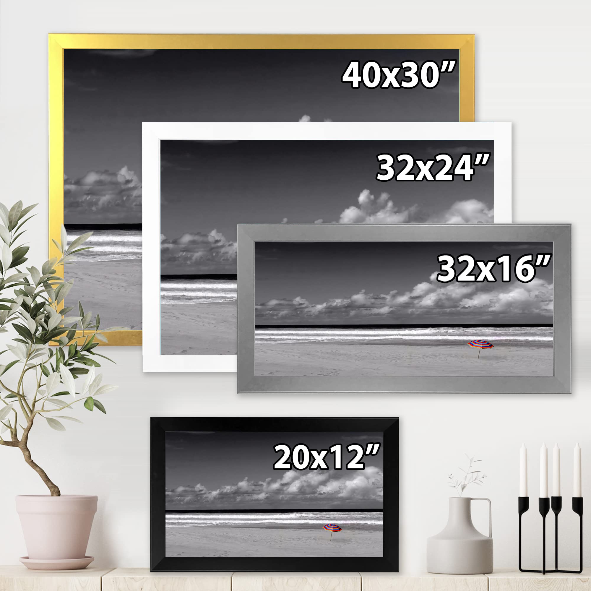 DesignQ Monochrome Coastline Under Cloudy Sky Lake House Framed Wall Art - Black & White Beach Landscape Painting for Living Room, Bedroom & Office Decor