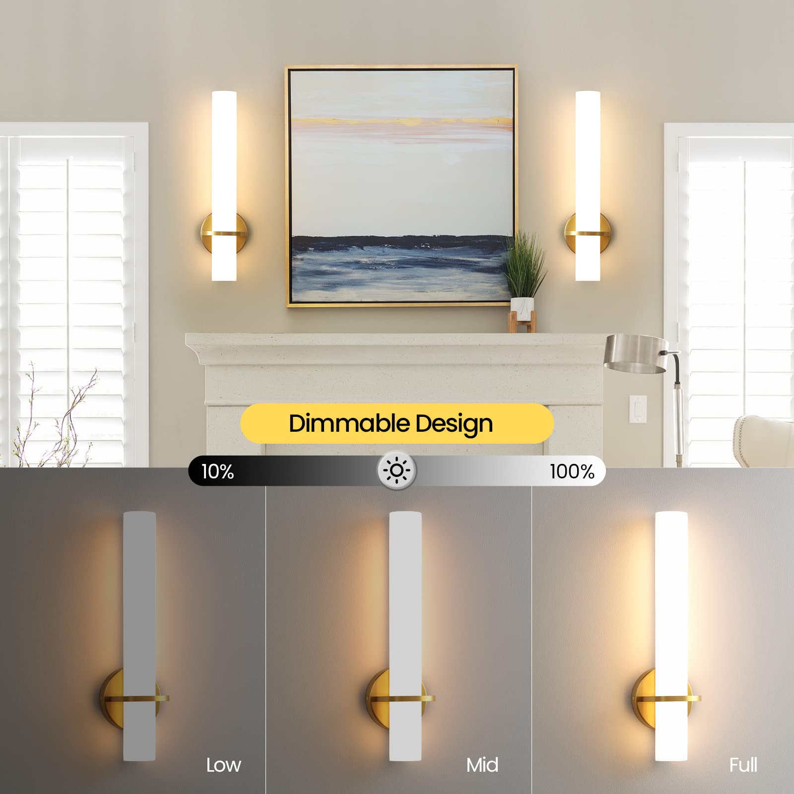 18 Inch Gold Wall Sconces Set of 2 - Dimmable Modern LED Wall Lights (18W, 3000K) with Acrylic Lampshade, Hardwired Fixture for Living Room, Bedroom, Bathroom & Hallway - Elegant Ambient Lighting for Home Decor