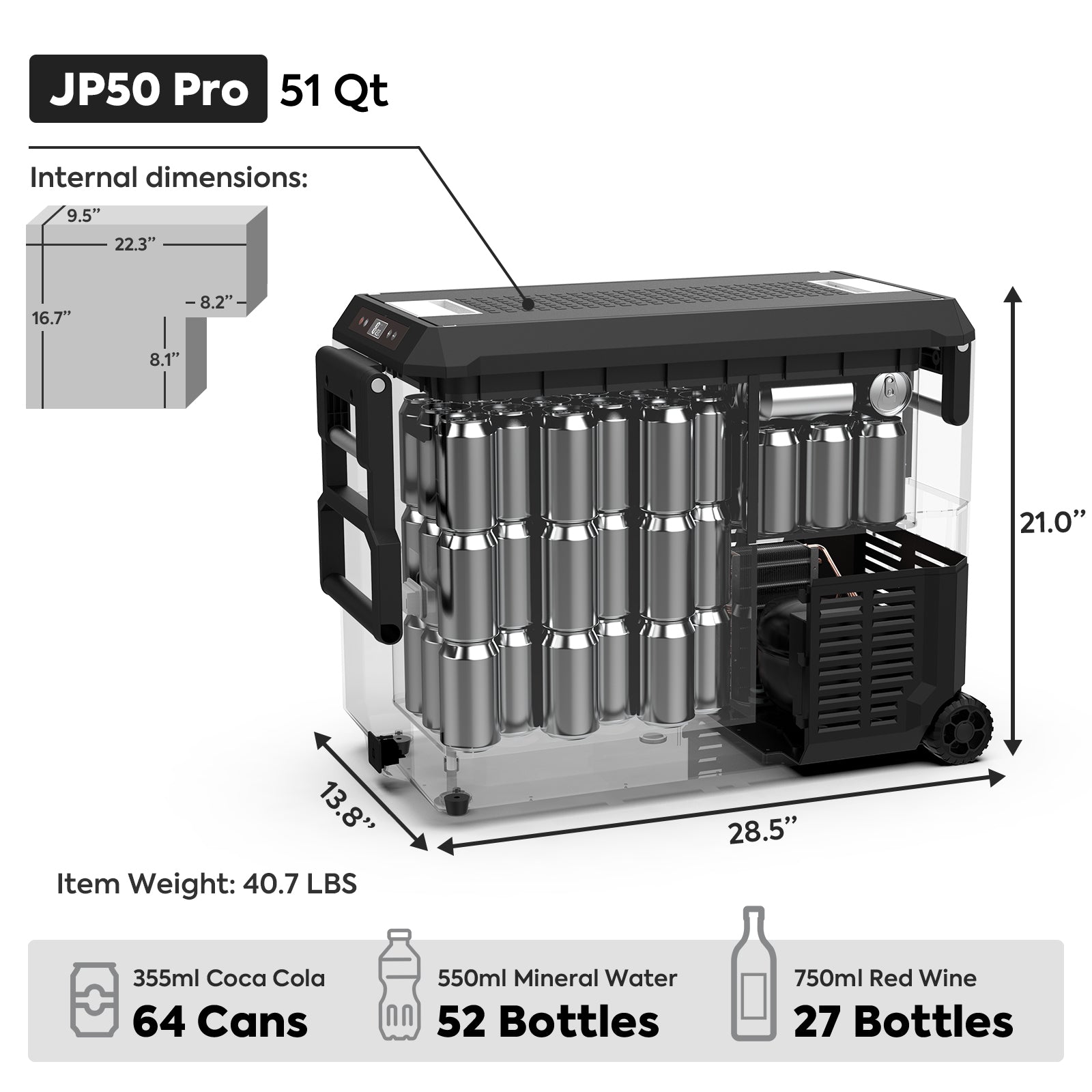 51QT JP50 Pro Wheeled Portable Freezer with Cover - 12V/24V Car Refrigerator for Camping, Road Trips & Tailgating | Compact Travel Fridge for Food, Drinks & Medicine | Ships Late June