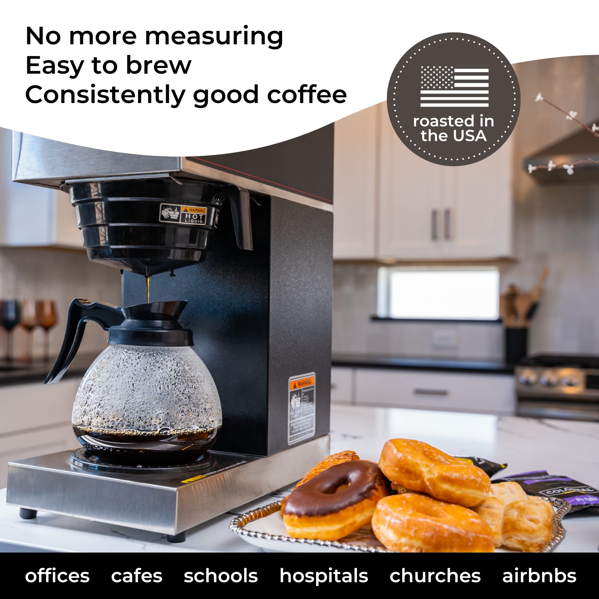 Premium Donut Shop Blend Medium Roast Pre-Ground Coffee Packets (2.5 oz, Pack of 32) - Bulk Single Serve Bags for Drip Coffee Makers - Perfect for Office, Home & Camping Brewing