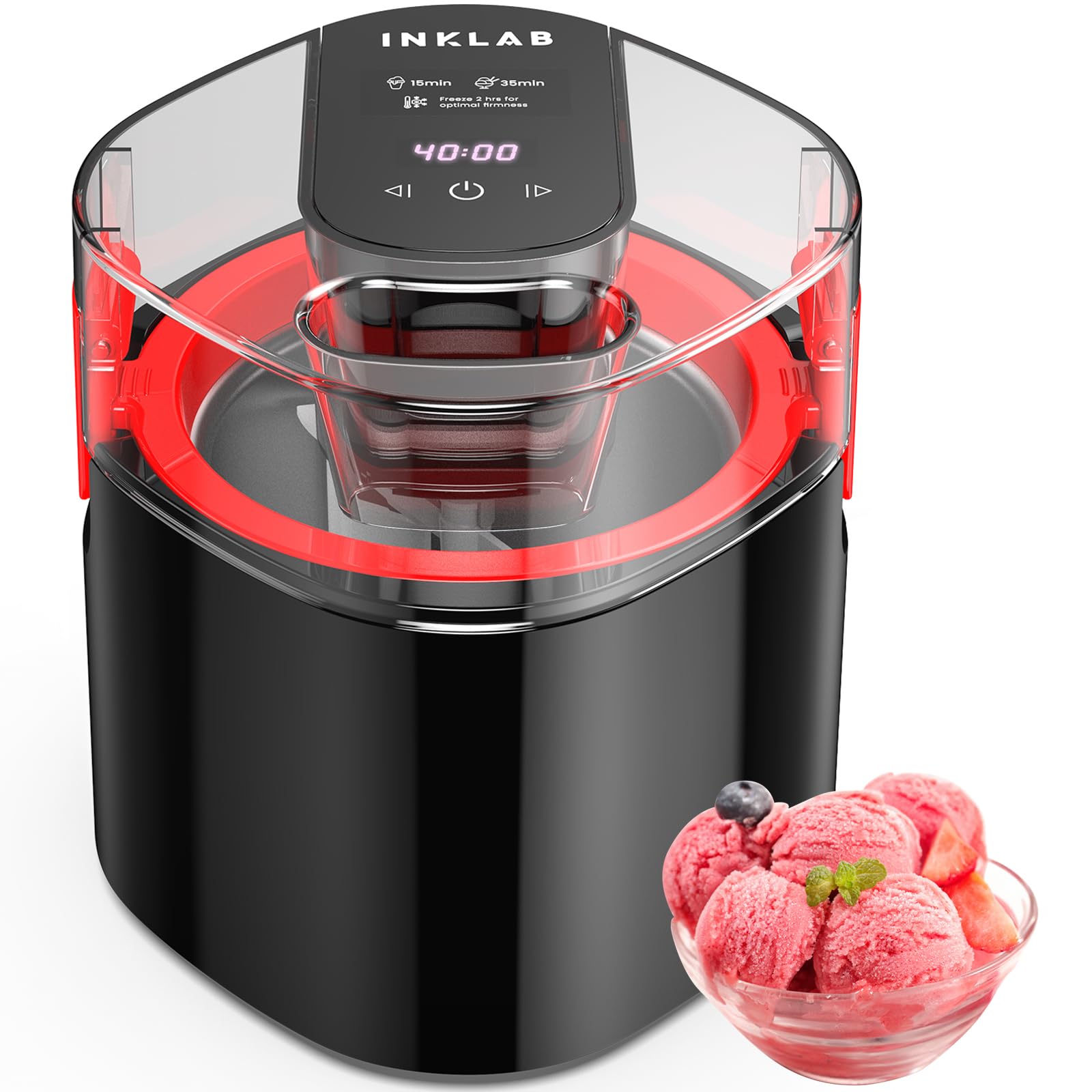 Electric Ice Cream Maker Machine - 1.5 Quart Frozen Yogurt & Gelato Maker with Double Insulated Freezer Bowl, LCD Display & Timer - Fast Homemade Ice Cream Maker for Parties, Desserts, Family Gatherings - Easy to Clean (Black & Red)