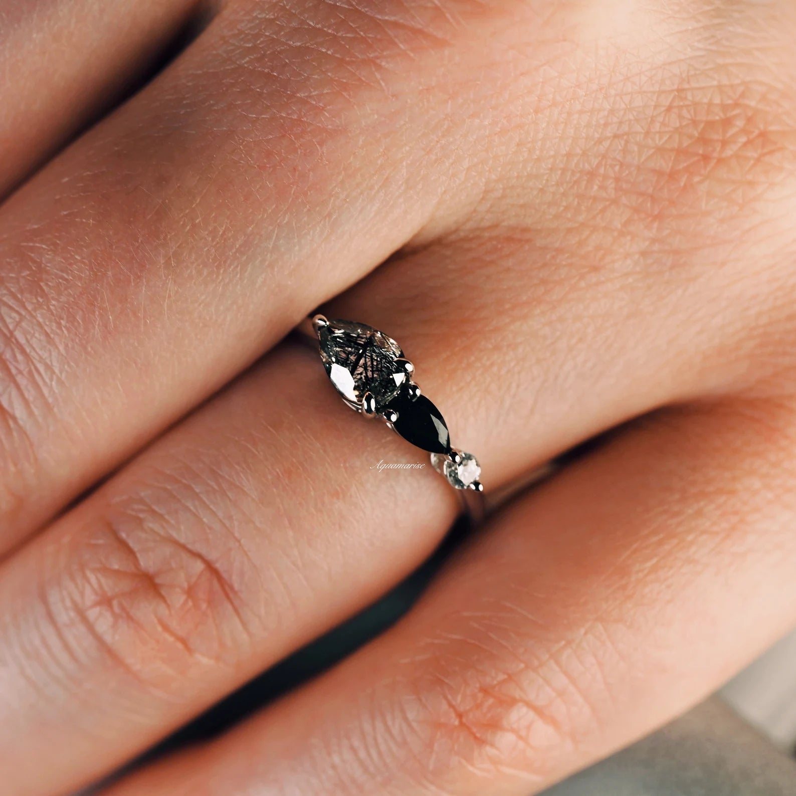 Natural Rutilated Quartz & Black Onyx Sterling Silver Ring for Women - Elegant Healing Crystal Jewelry for Meditation, Energy Balancing & Everyday Wear