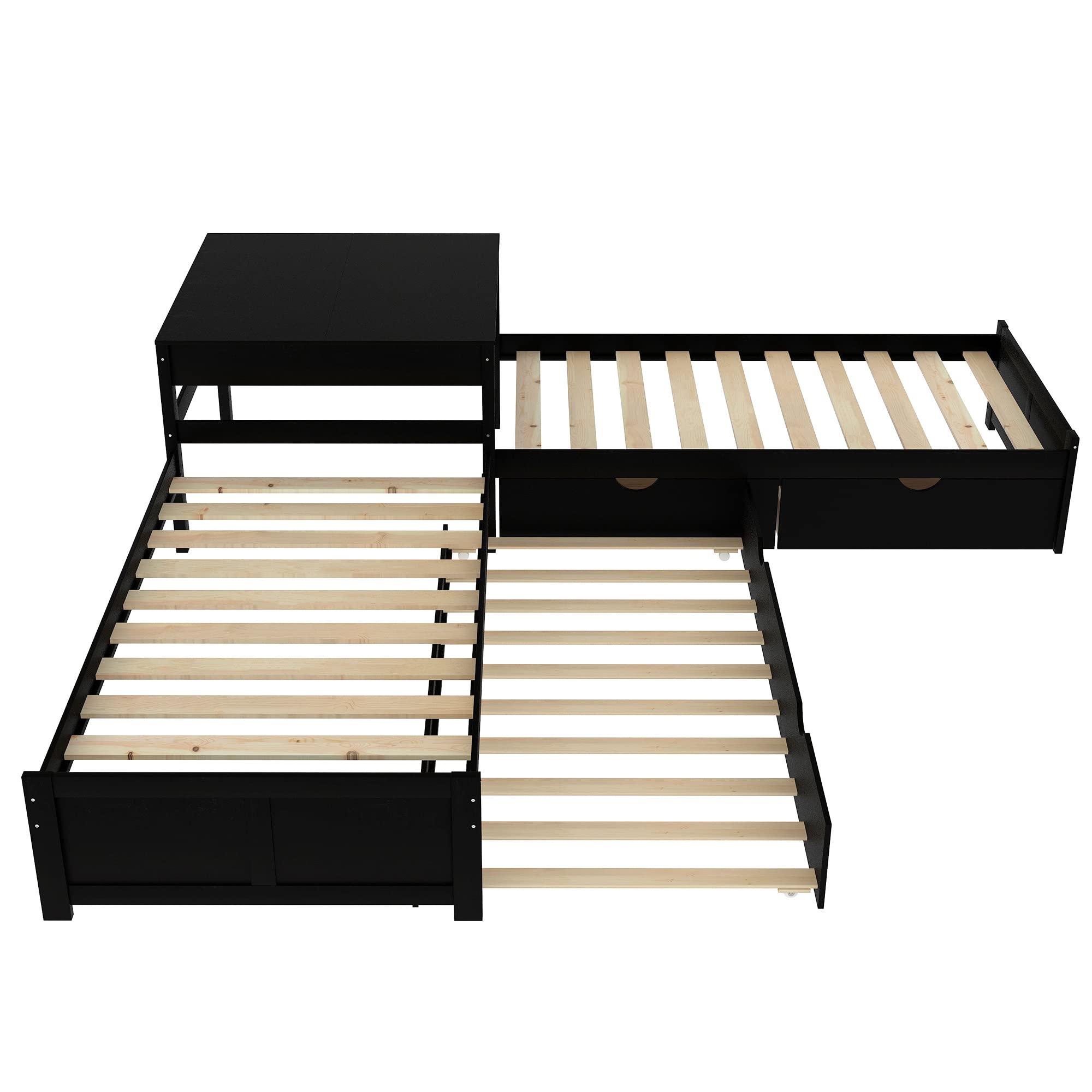 SOFTSEA L-Shaped Corner Beds with Trundle & Storage Drawers - Low Profile Wooden Platform Bed Frame with Built-in Nightstand | Space-Saving Solution for Small Bedrooms & Kids' Rooms