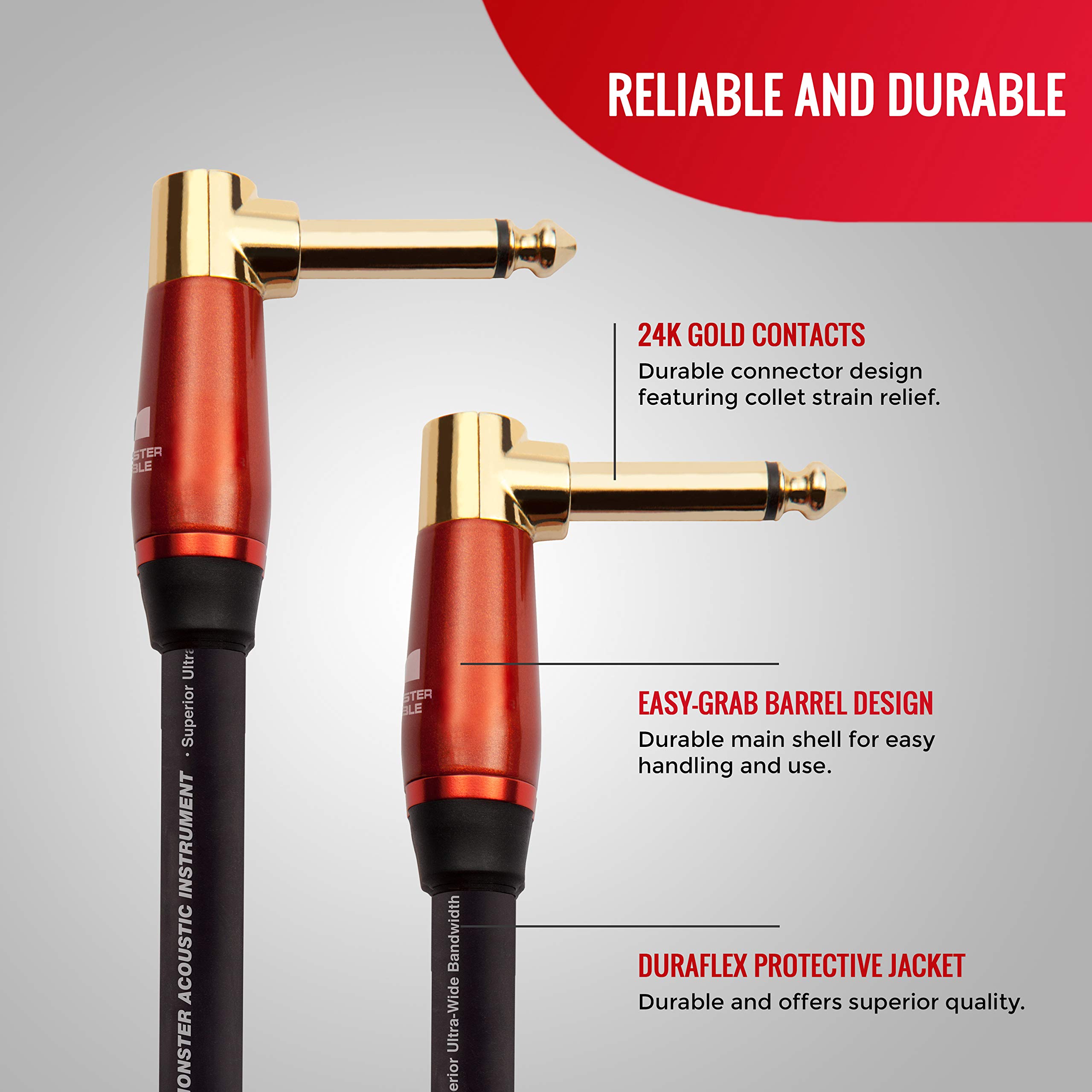 Monster Prolink Acoustic Instrument Cable 8ft - Right Angle to Right Angle Guitar Cable for Electric/Acoustic Guitar, Bass, Keyboard - High-Speed Signal Transmission with Rich Clean Sound - Perfect for Live Performances, Studio Recording & Home Practice