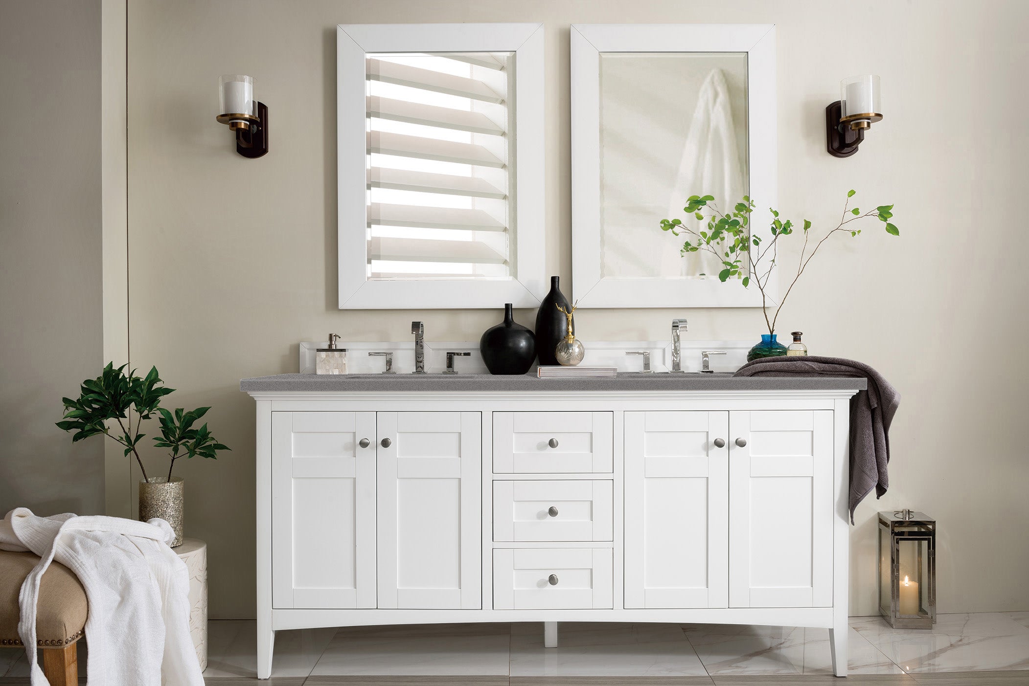 Palisades 72 Inch Double Bathroom Vanity with 3CM Grey Expo Quartz Countertop - Bright White Finish for Modern Master Bathroom Renovation