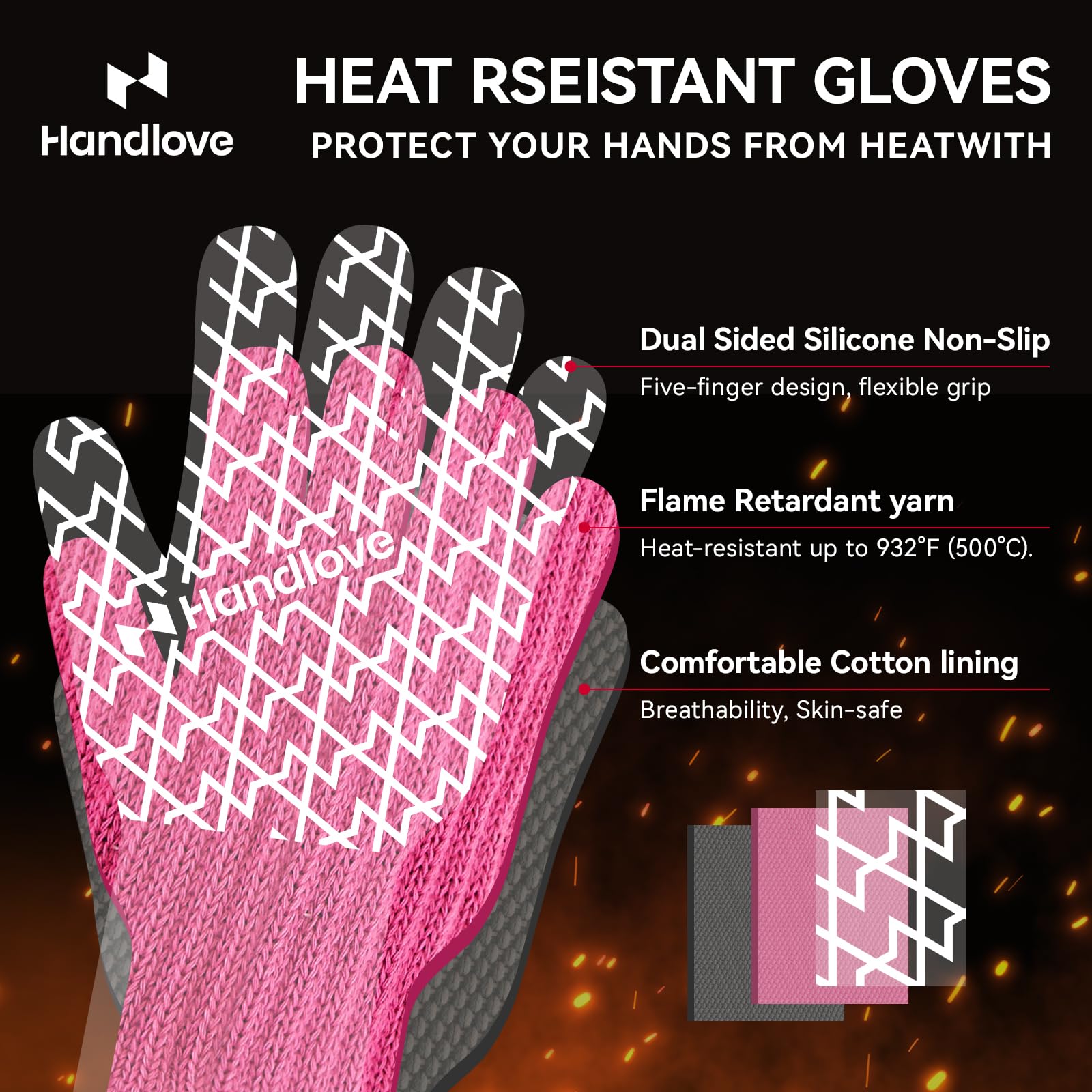 Heat Resistant BBQ Gloves - Fireproof Grilling & Oven Mitts for Professional Chefs & Home Cooks - Silicone Grip, Extended Cuff Protection - Perfect for Outdoor Barbecue, Camping, Baking & Kitchen Cooking (Pink)