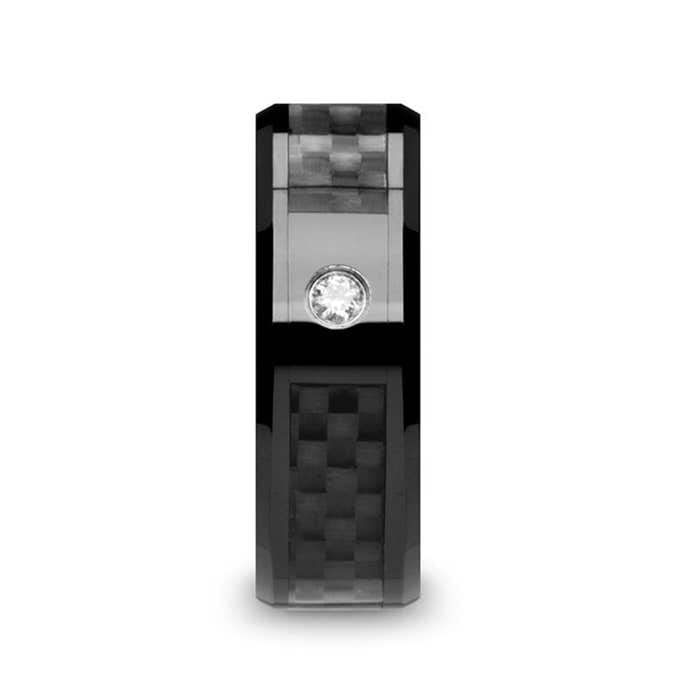 ANGUS Black Ceramic Diamond Wedding Band with Black Carbon Fiber Inlay - 8mm Wide Men's Ring for Anniversary, Engagement & Special Occasions