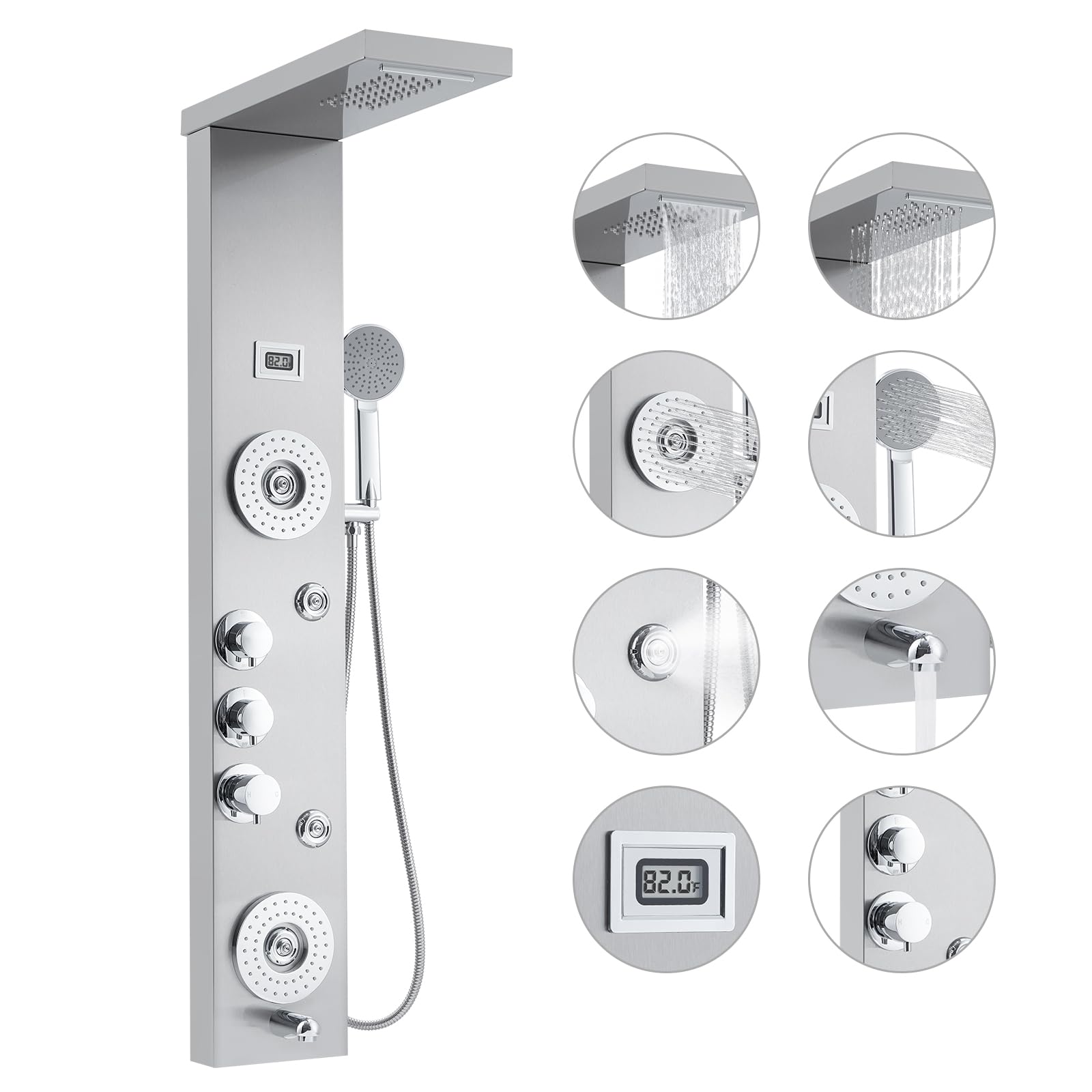6-in-1 Stainless Steel Shower Panel Tower System with LED Rainfall, Waterfall & Handheld Shower Head - Wall Mounted Bathroom Faucet Set (Silver) | Perfect for Modern Home Spa, Luxury Bathroom Renovation & Relaxing Shower Experience