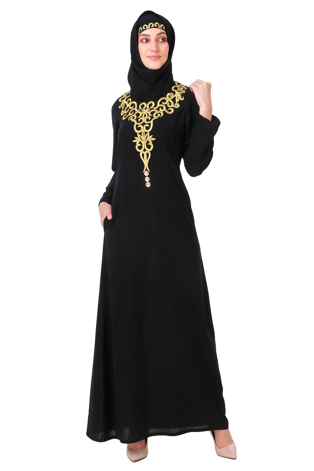 Gold Hand Embroidered Neck Fancy Abaya AY 810 - Elegant Islamic Dress for Women | Perfect for Eid, Weddings & Special Occasions