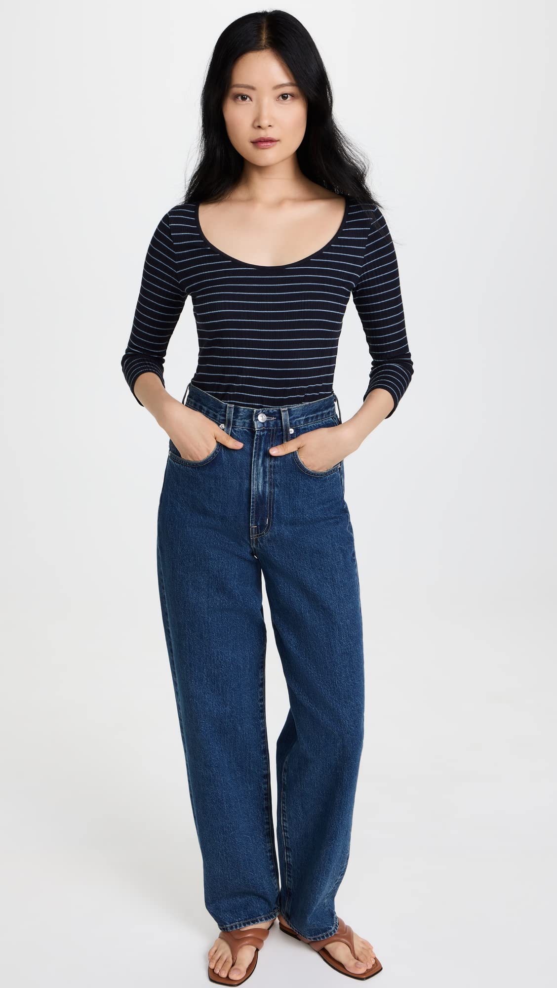 Vince Women's Striped Rib Long Sleeve T-Shirt - Soft Cotton Casual Top for Everyday Wear, Office & Outings