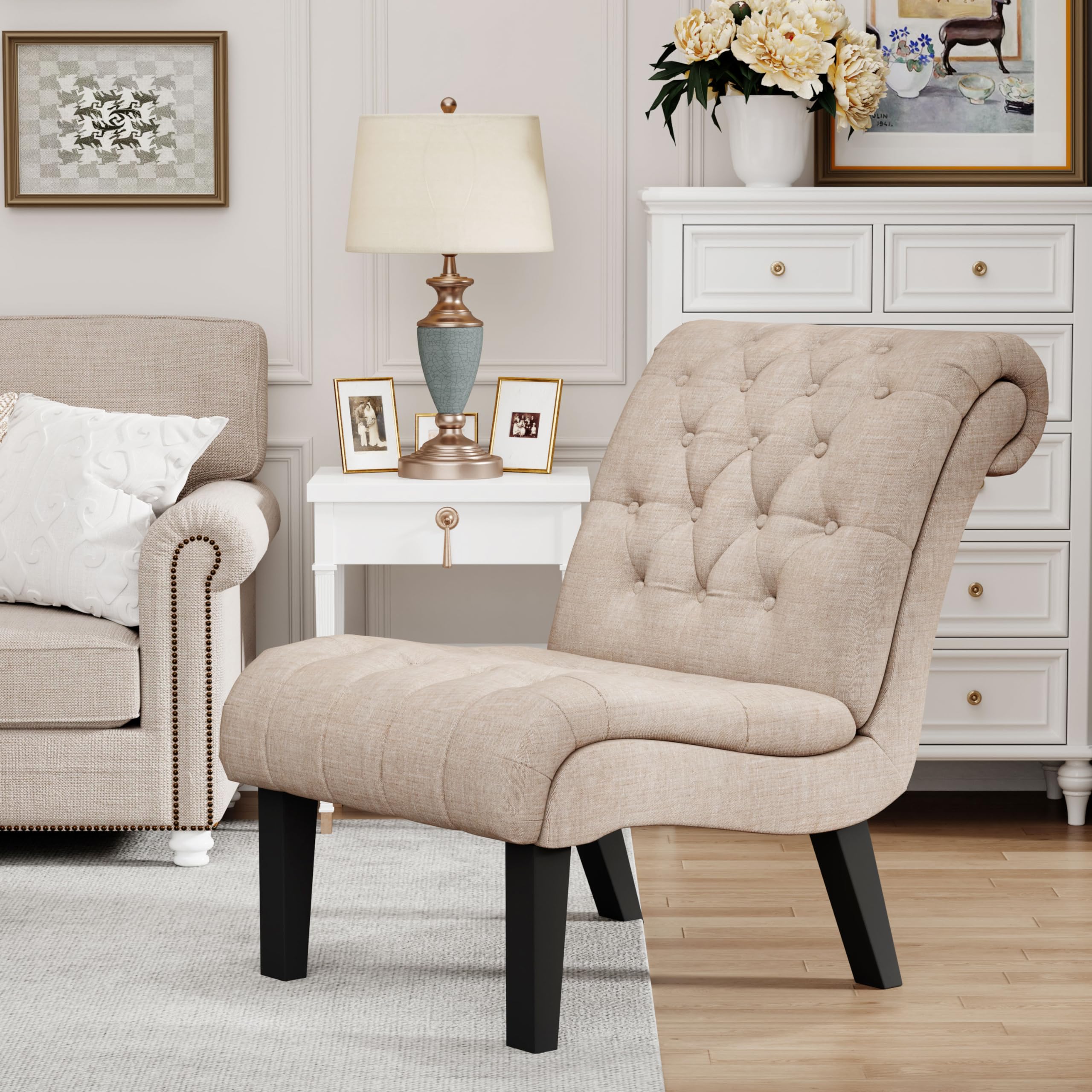 HAOBO Armless Accent Chair - Button Tufted Slipper Chair for Living Room & Bedroom - Modern Side Chair for Small Spaces, Reading Nook & Home Office Decor