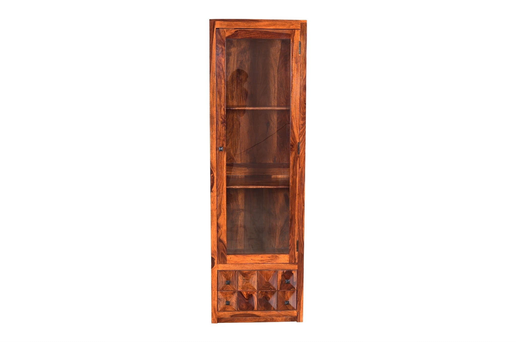 Premium Diamond Indian Sheesham Solid Wood Display Cabinet with Tempered Glass - 60x40x195cm - Elegant Storage for Living Room, Dining Room & Office Decor