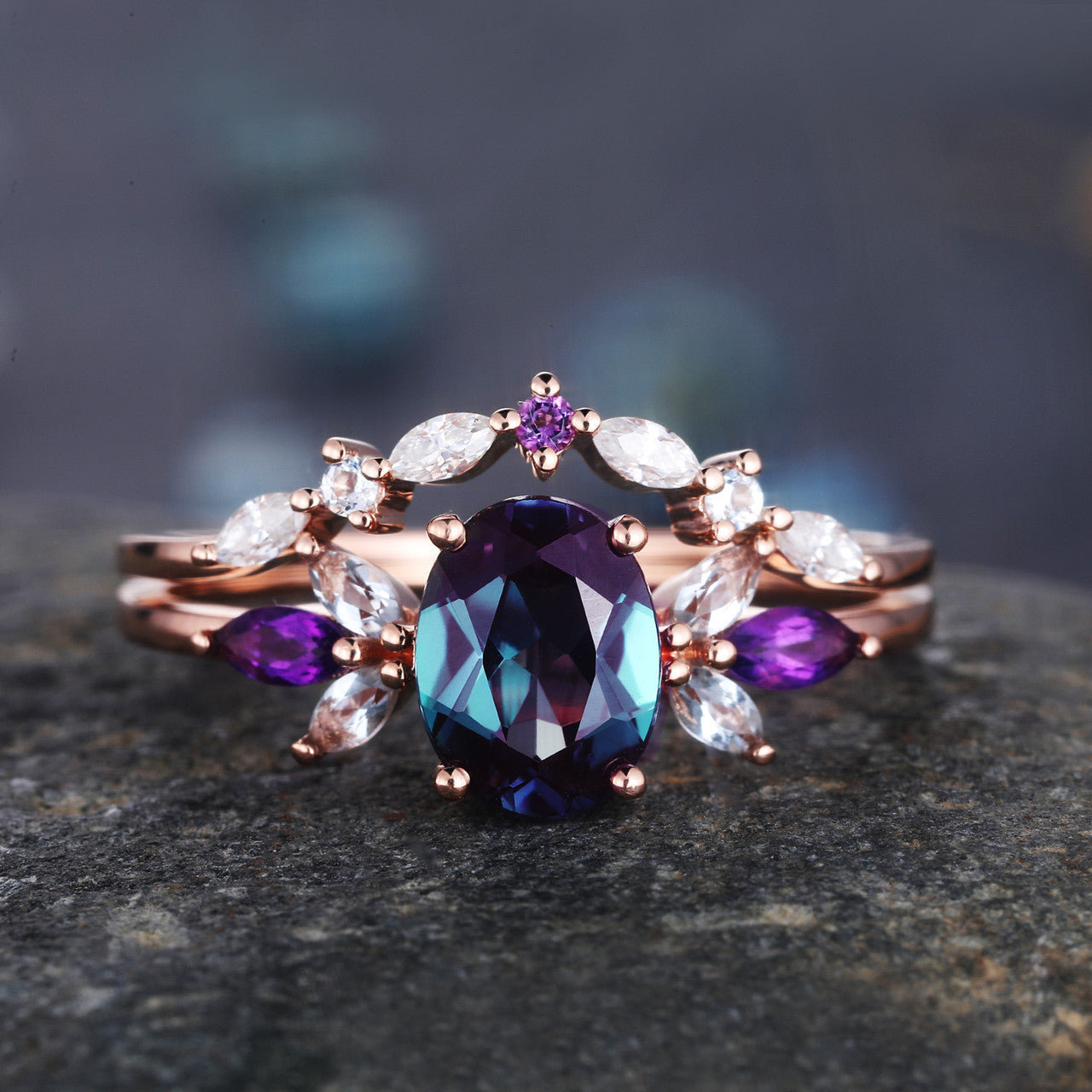 1.5 Carat Vintage Alexandrite Engagement Ring Set with Oval Cut & Matching Curved Wedding Band - Perfect for Proposals, Anniversaries & Special Occasions