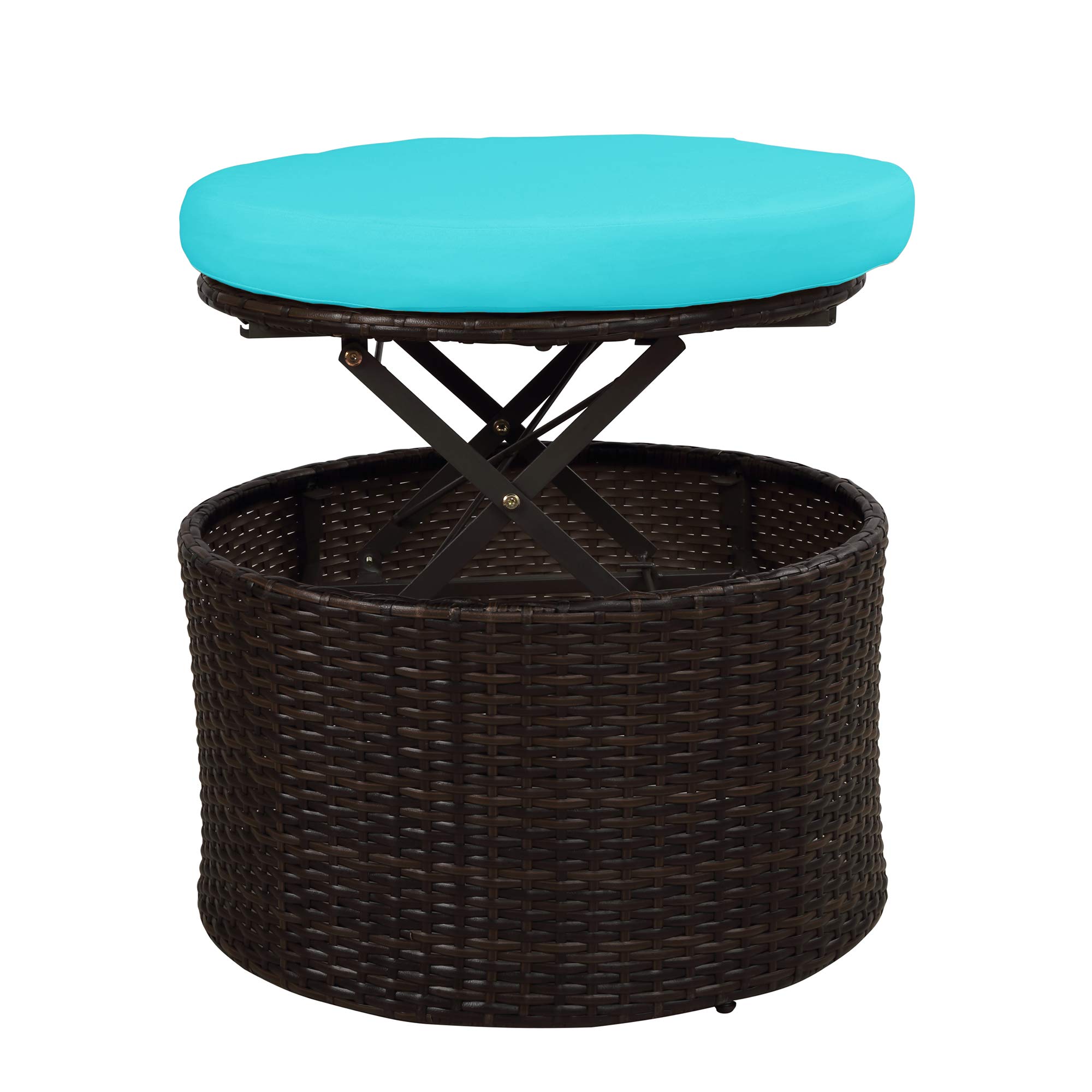 KLMM Outdoor Patio Sectional Sofa Set - Round Rattan Daybed Sunbed with Retractable Canopy, Adjustable Height Table & Footrest (Brown Wicker, Blue Cushion) - Perfect for Backyard, Poolside & Garden Relaxation