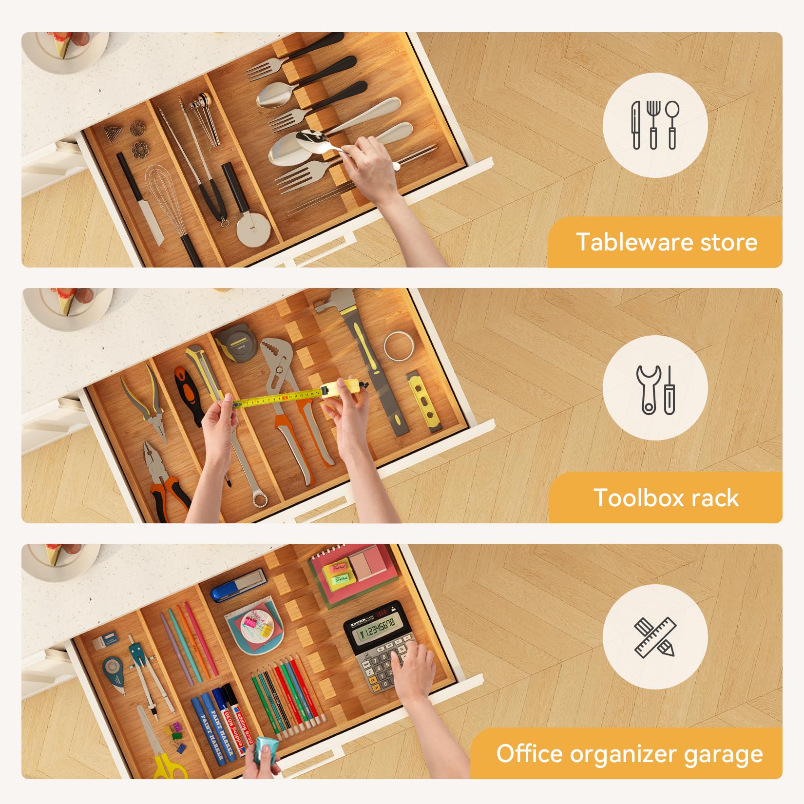 Yofidra Pure Bamboo Silverware Drawer Organizer - 16.5 Inch Large Utensil Tray with 3 Compartments & 6 Card Slots | Kitchen Flatware Organizer for Spoons, Forks, Knives | 2024 Upgraded Design | Perfect for Home, Restaurant & Office Organization