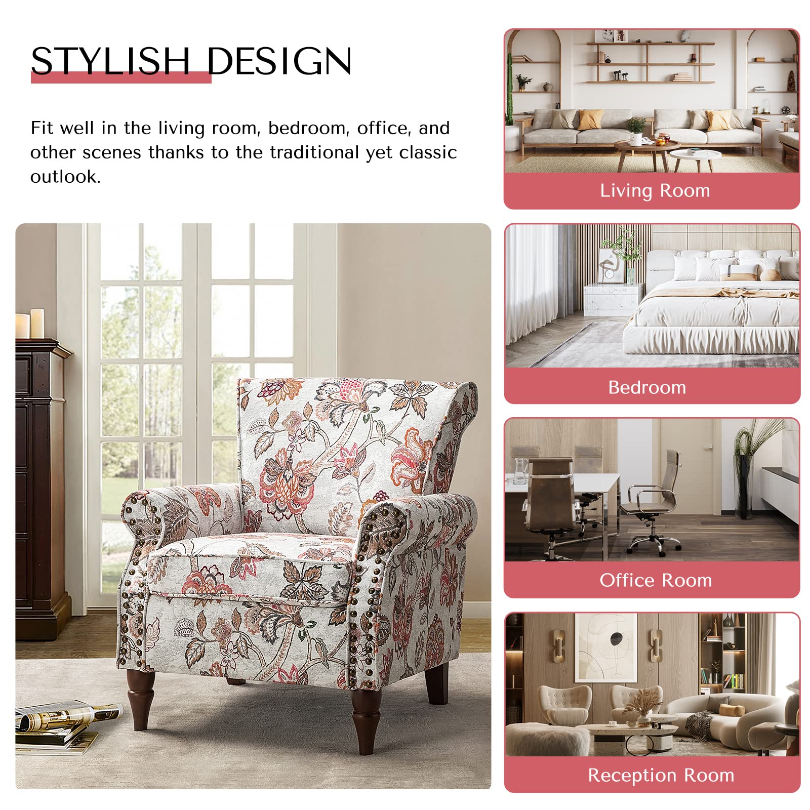 HULALA HOME Modern Wingback Accent Chairs Set of 2 with Wood Legs & Removable Cushion - Upholstered Armchairs with Nailhead Trim & Floral Pattern - Comfortable Living Room Bedroom Sofa Chairs in Pink - Perfect for Lounge, Reading Nook & Home Decor