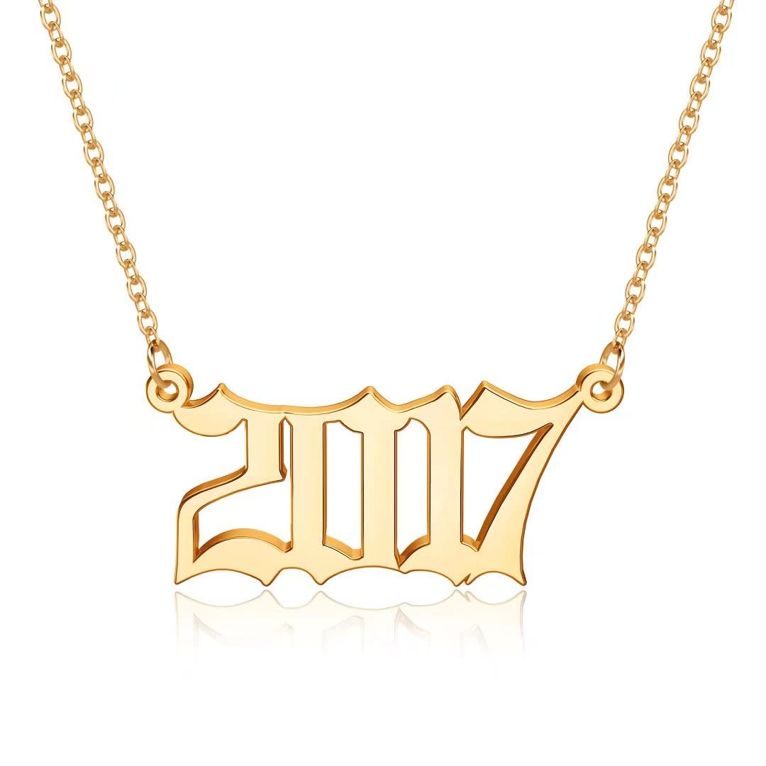 18K Gold Plated Old English Birth Year Necklace for Women - Personalized Number Pendant Jewelry Gift (1970-2021) | Perfect for Birthday, Anniversary & Mother's Day Gifts | Elegant Layering Piece for Everyday Wear