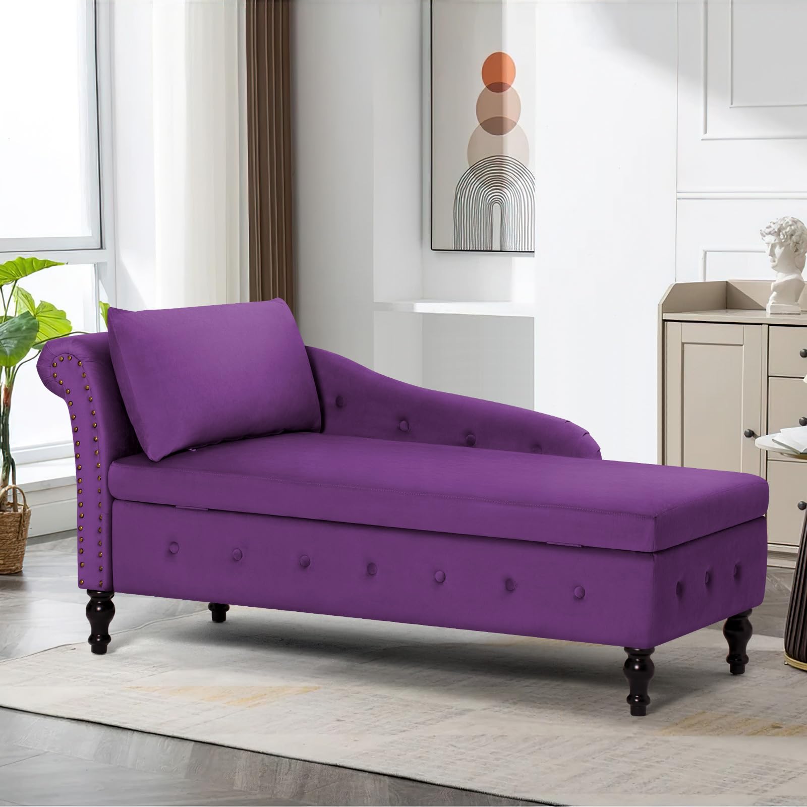 Luxury Upholstered Chaise Lounge with Left Armrest & Lumbar Support - Button Tufted Velvet Sofa with Storage - Modern Lounge Chair for Bedroom, Living Room & Office (Purple) - Perfect for Relaxation, Reading & Small Space Decor