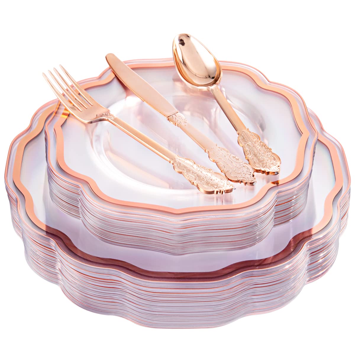 NOCCUR 150-Piece Rose Gold Plastic Dinnerware Set - 30 Dinner Plates, 30 Salad Plates, 90 Disposable Forks, Knives & Spoons - Elegant Disposable Tableware for Wedding, Birthday Party, Baby Shower & Special Events