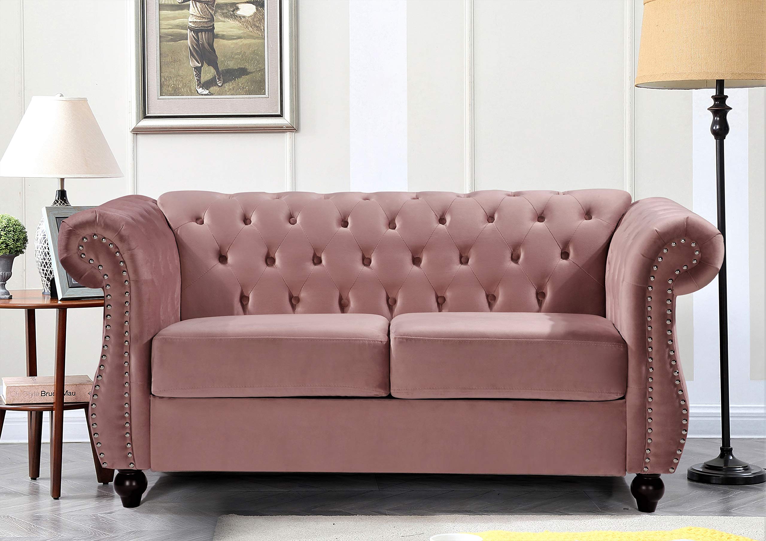 Modern Velvet Chesterfield Sofa Set - Tufted Living Room Couch with Nailhead Trim & Sturdy Metal Frame (Chair, Loveseat & Sofa) in Natural Pink | Elegant Home Decor for Living Rooms, Offices & Luxury Spaces