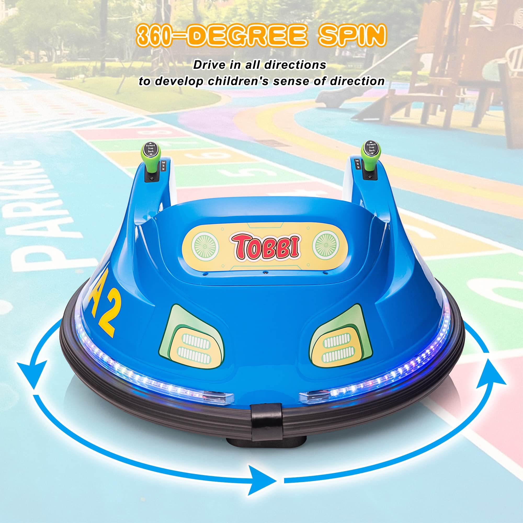TOBBI 12V Kids Electric Bumper Car with Remote Control, 360° Spin, LED Lights & Music - Twin Motor Ride On Toy for Boys & Girls Ages 3-8 (Light Blue & Green) - Perfect for Indoor & Outdoor Play, Birthday Gifts & Family Fun