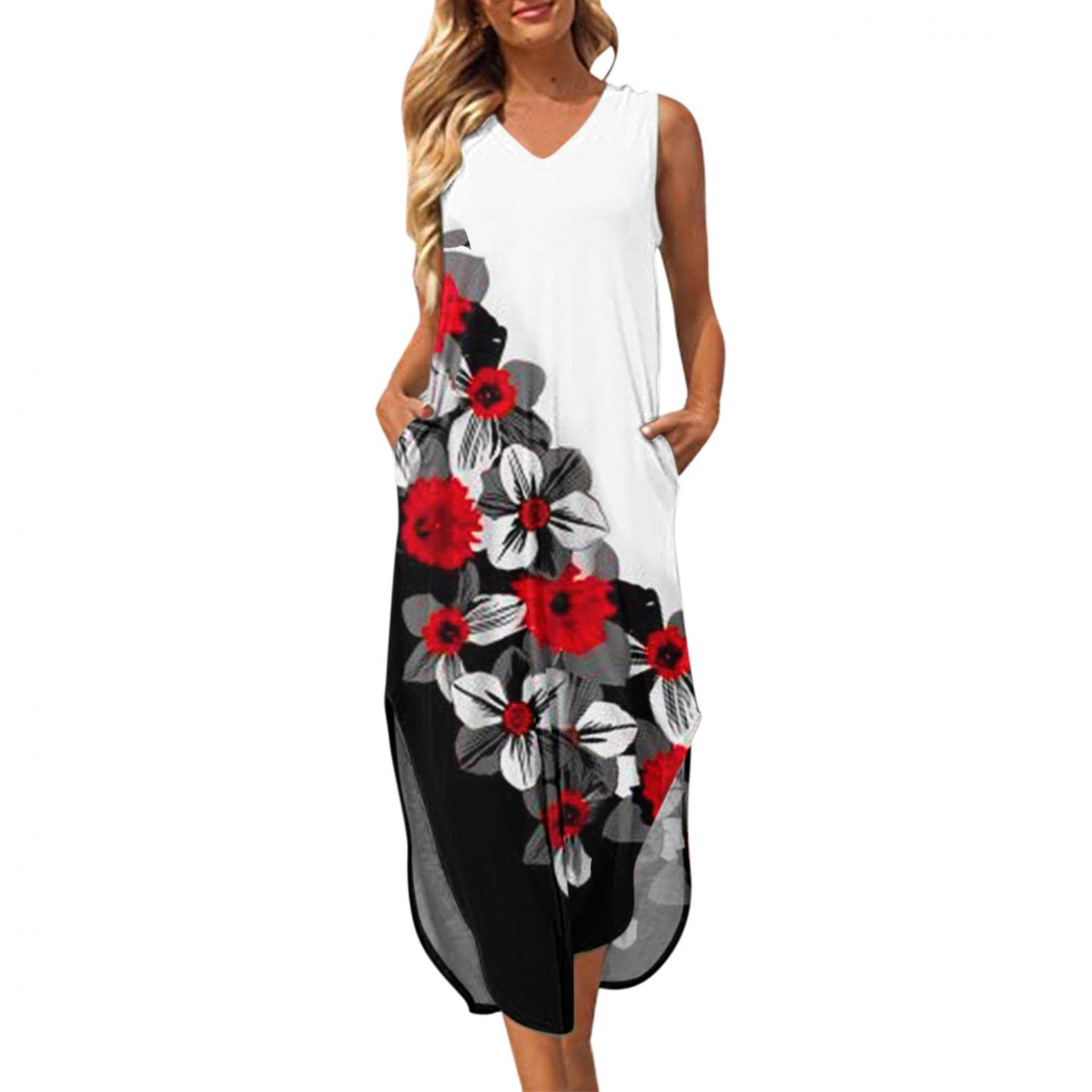 FABIURT Women's Floral Printed Long Beach Dress - Casual Summer Maxi Dress with Side Slit for Vacation, Poolside, and Outdoor Activities