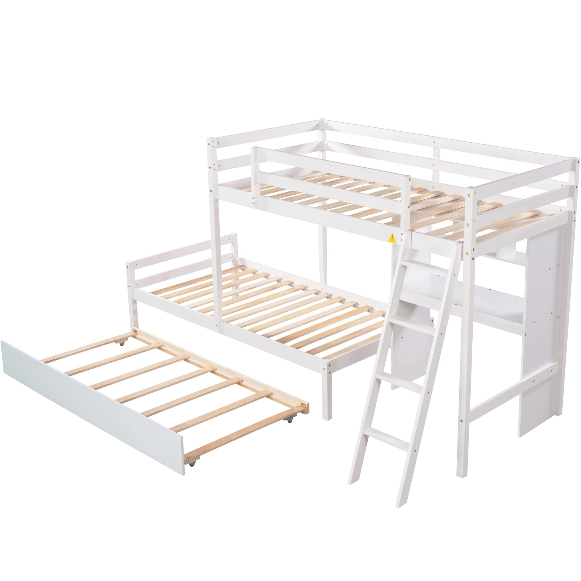 Convertible Twin Over Twin Wooden Bunk Bed with Built-in Desk, Bookshelves & Trundle - 3-in-1 Space Saving Design (White) - Perfect for Kids' Bedroom, Guest Room & Small Spaces