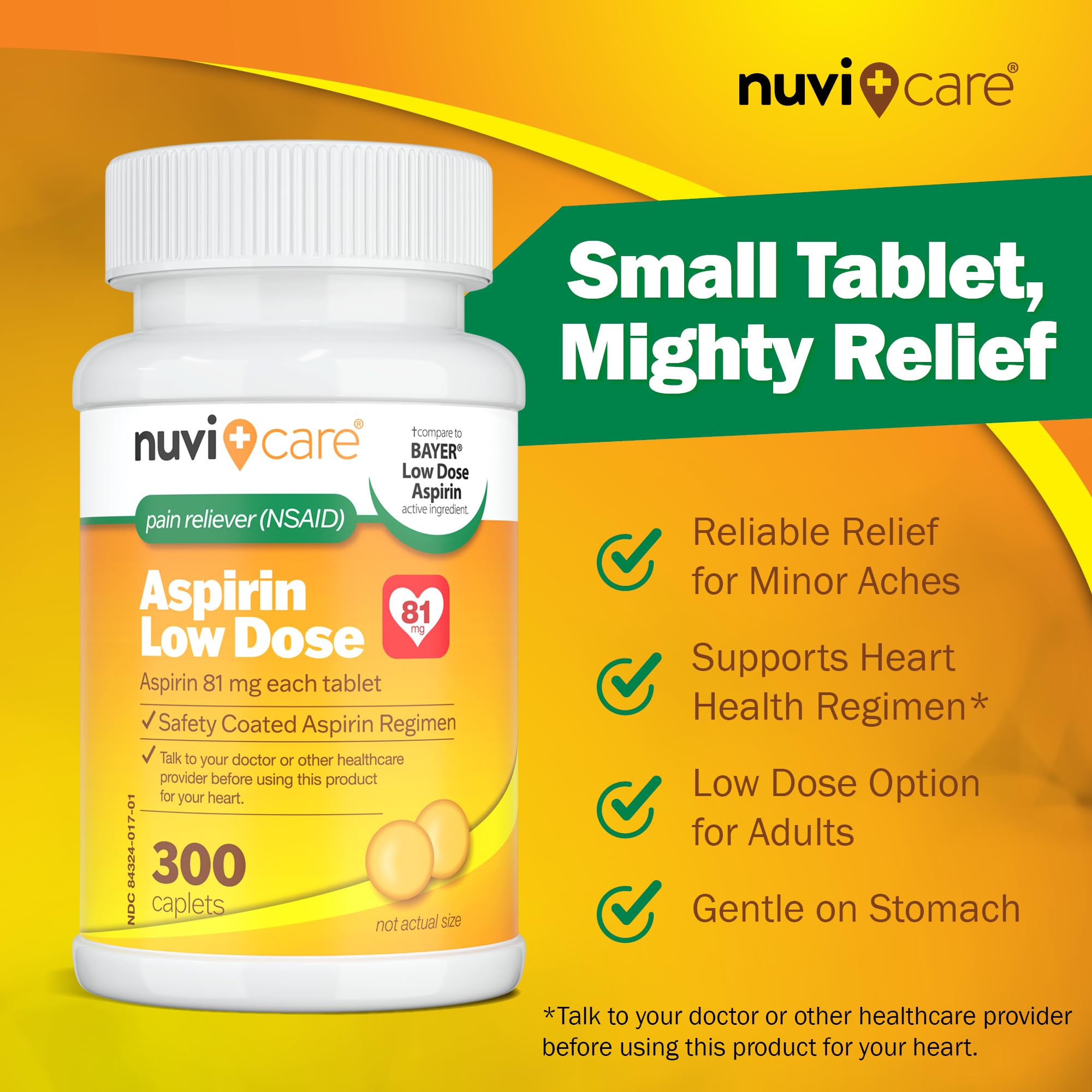 Low Dose Aspirin 81mg Coated Caplets for Adults - 300 Count | Compare to Bayer Aspirin | Heart Health Support & Daily Wellness | Perfect for Cardiovascular Care & Pain Relief