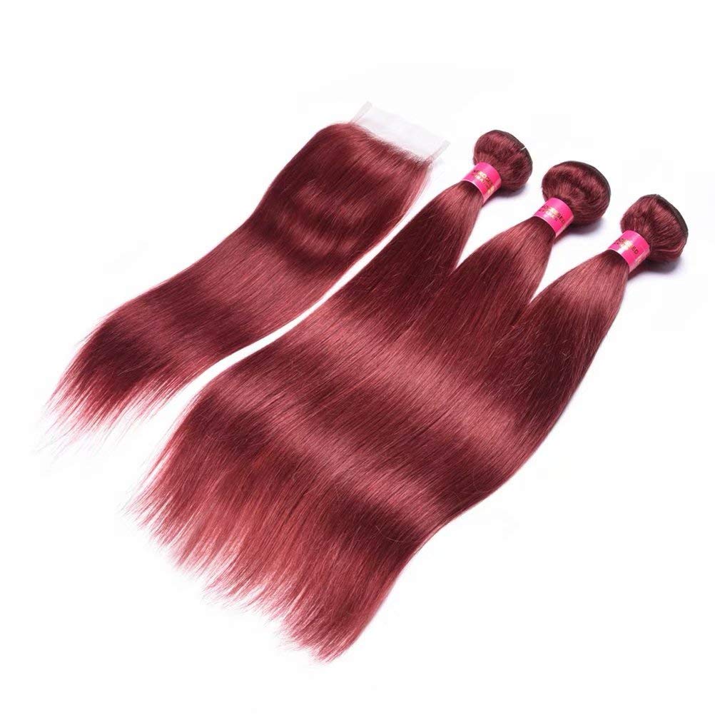 FEEL ME Straight Peruvian Human Hair 3 Bundles with Closure - Color 33 Virgin Peruvian Silky Straight Hair Extensions (18 20 22+18) - Light Auburn Red Remy Hair Weave for Daily Styling & Special Occasions