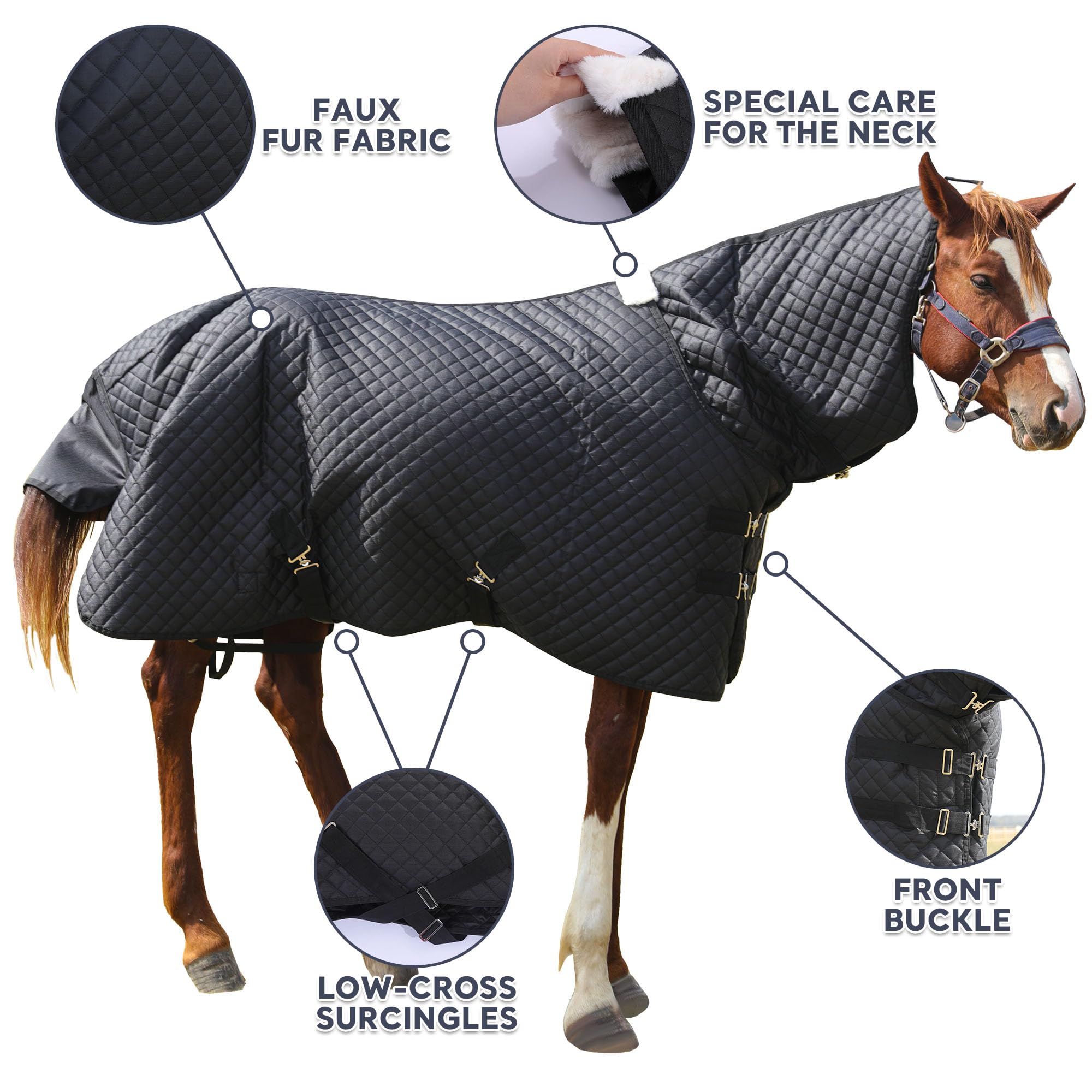 HOMBYS 600D Waterproof Winter Horse Blanket Combo - 75 Inch Heavy Duty Turnout Blanket for Real Horses, High Density Quilted Black Horse Sheet - Ideal for Cold Weather Riding, Stable Use & Outdoor Protection