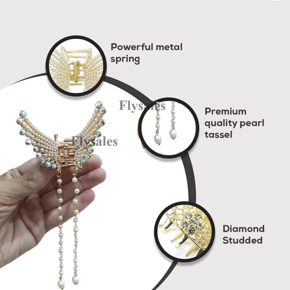 Flysales® 1PC Elegant Pearl Butterfly Hair Clip for Women - Metal Stone Hair Claw Clip for Wedding, Party & Daily Use - Stylish Hair Accessories for Girls & Women
