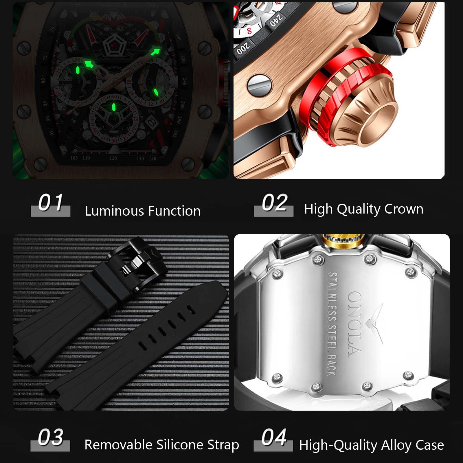 RORIOS Men's Tonneau Watch - Analog Quartz Chronograph Wristwatch with Silicone Strap | 5ATM Waterproof | Fashionable Multifunctional Dress Watch for Business, Casual & Outdoor Activities