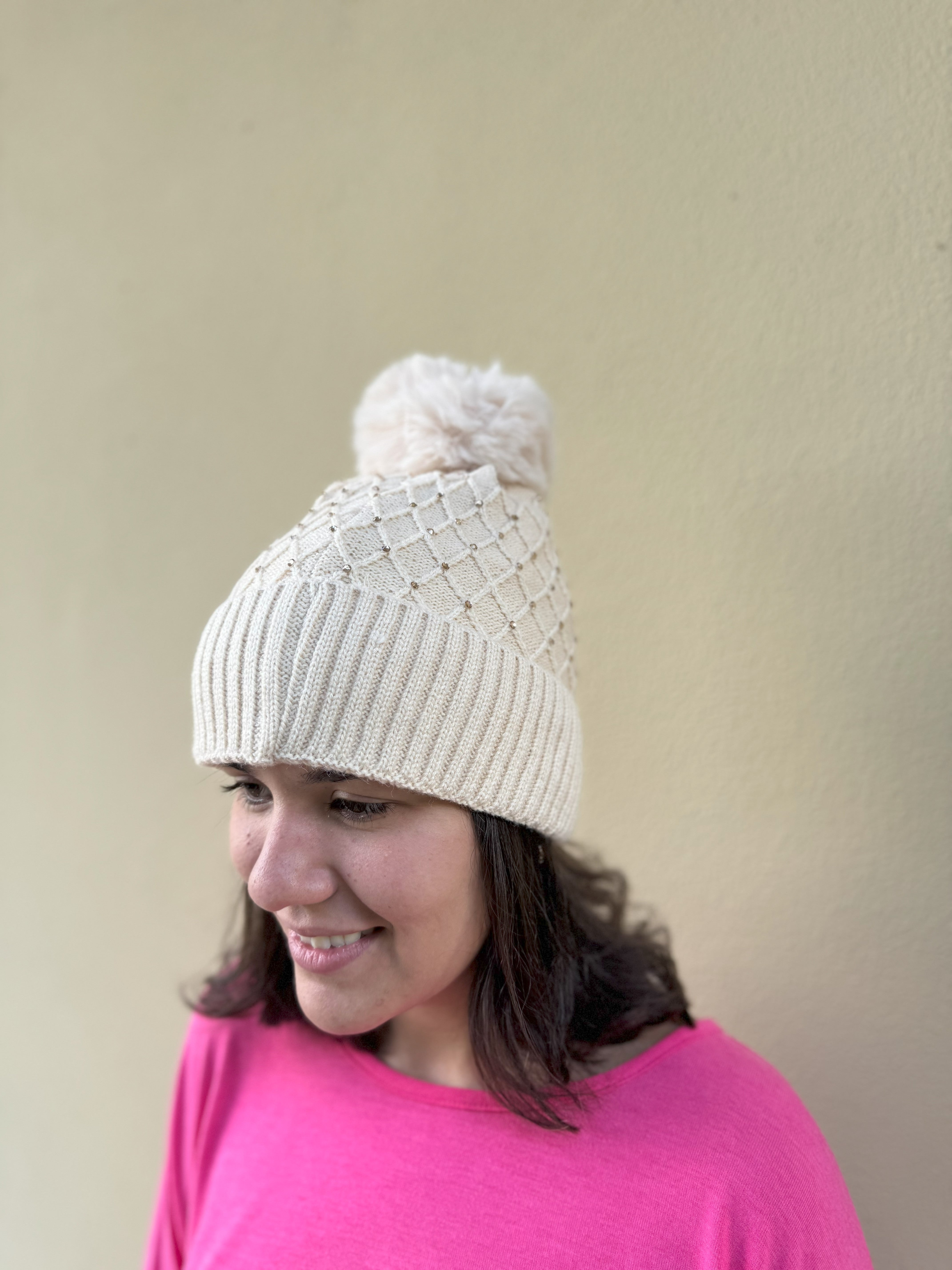 Beige Crystal Beanie - Elegant Winter Knit Hat with Rhinestones for Women - Perfect for Cold Weather, Outdoor Activities, and Fashion Accessories