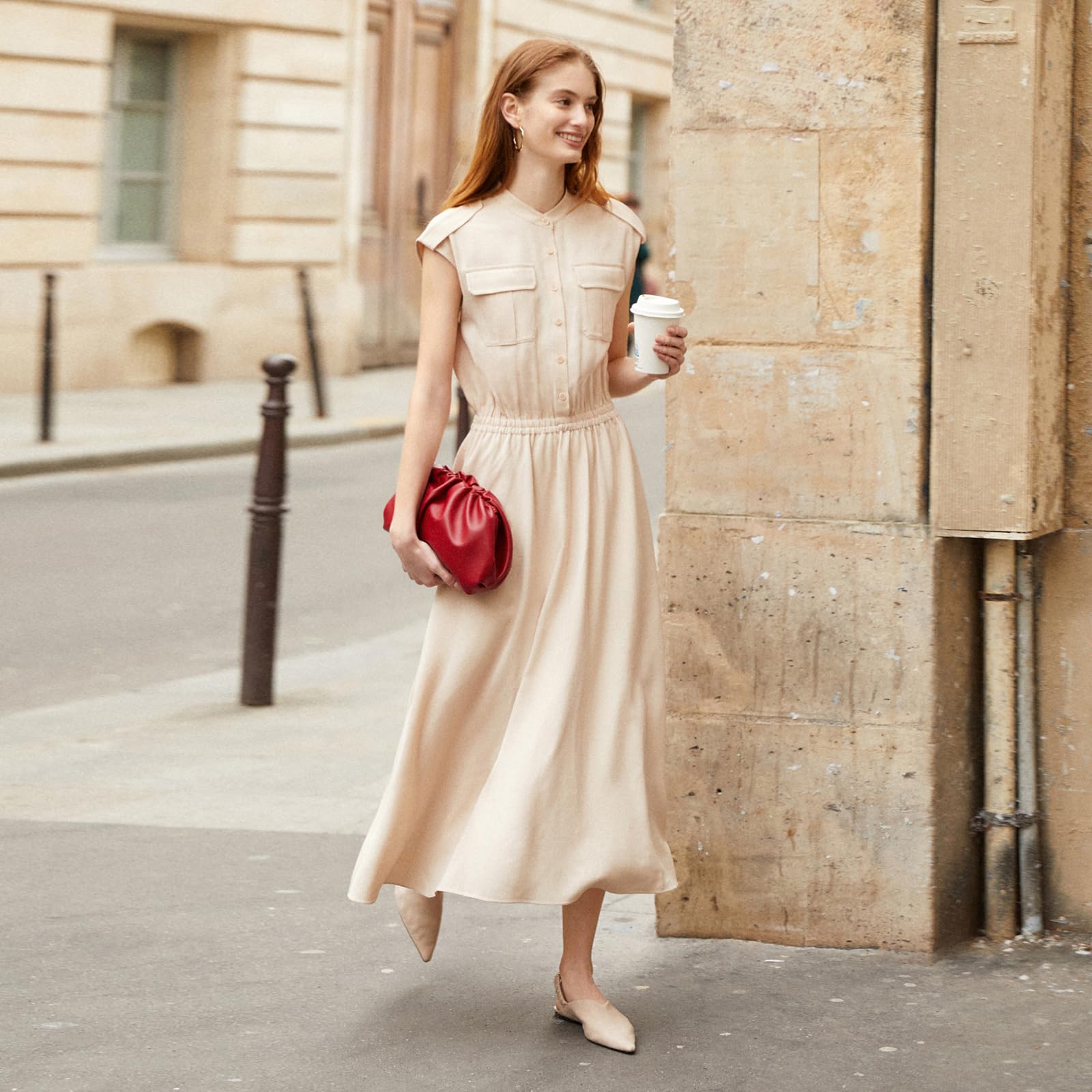 Women's V-Neck Short Sleeve Maxi Shirt Dress with Gathered Waist & Pockets - Flowy Casual Summer Dress for Beach, Office & Everyday Wear