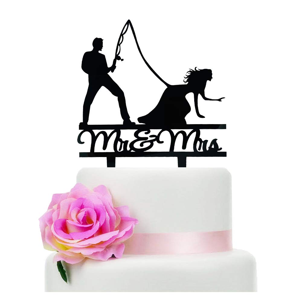 Fishing Wedding Cake Topper - Black Mr & Mrs Cake Decor for Fishing Theme Weddings, Engagements & Bridal Showers - Perfect for Outdoor & Rustic Wedding Decorations