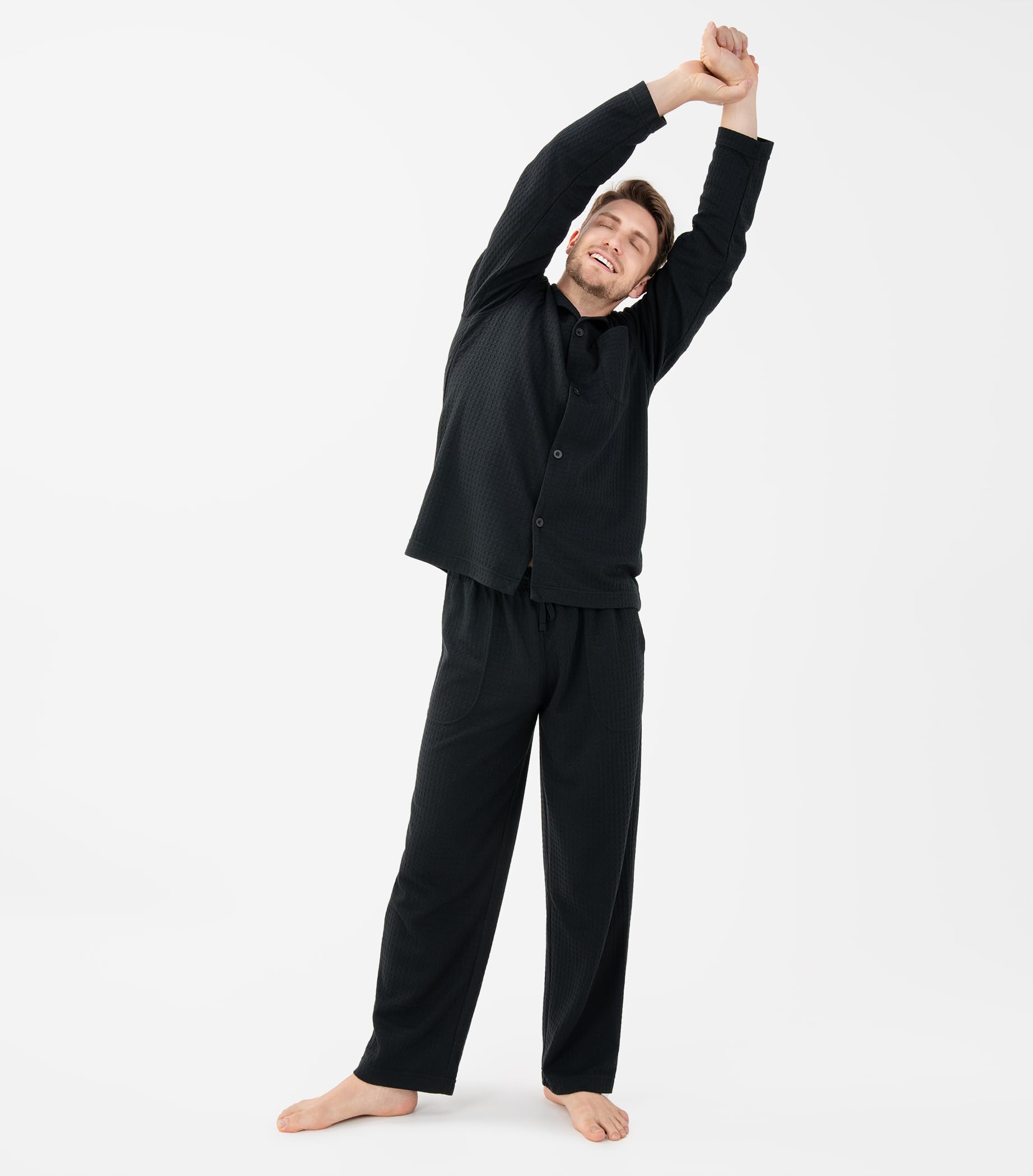 DAVID ARCHY Men's Waffle Knit Pajama Set - Soft & Warm Sleepwear with Notched Collar & Roomy Pockets - Cozy Winter Loungewear for Home Relaxation & Sleep