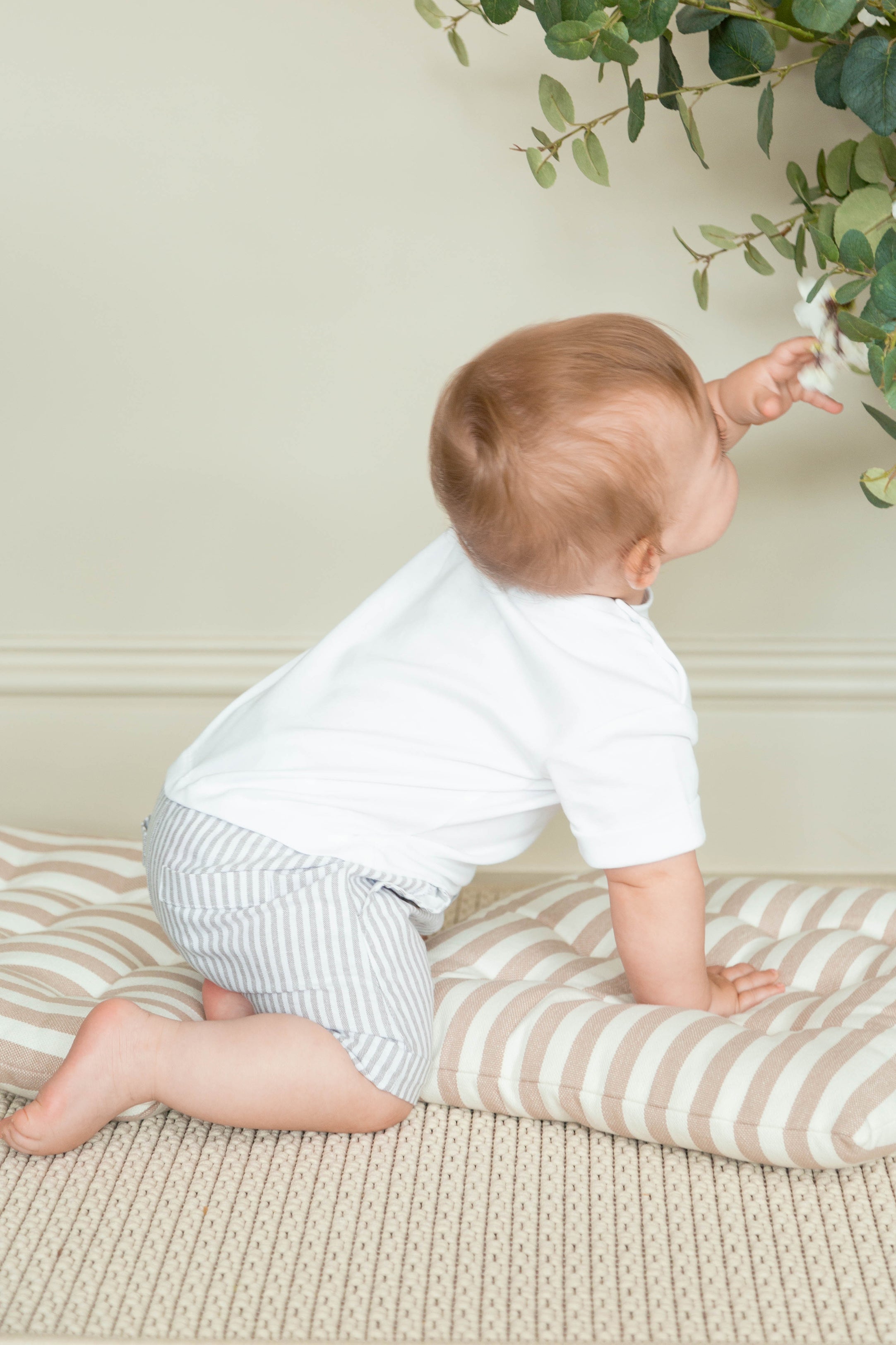Caleb Baby White & Grey Striped Romper - Soft Cotton Jumpsuit for Boys & Girls - Perfect for Playtime, Outings & Photo Shoots