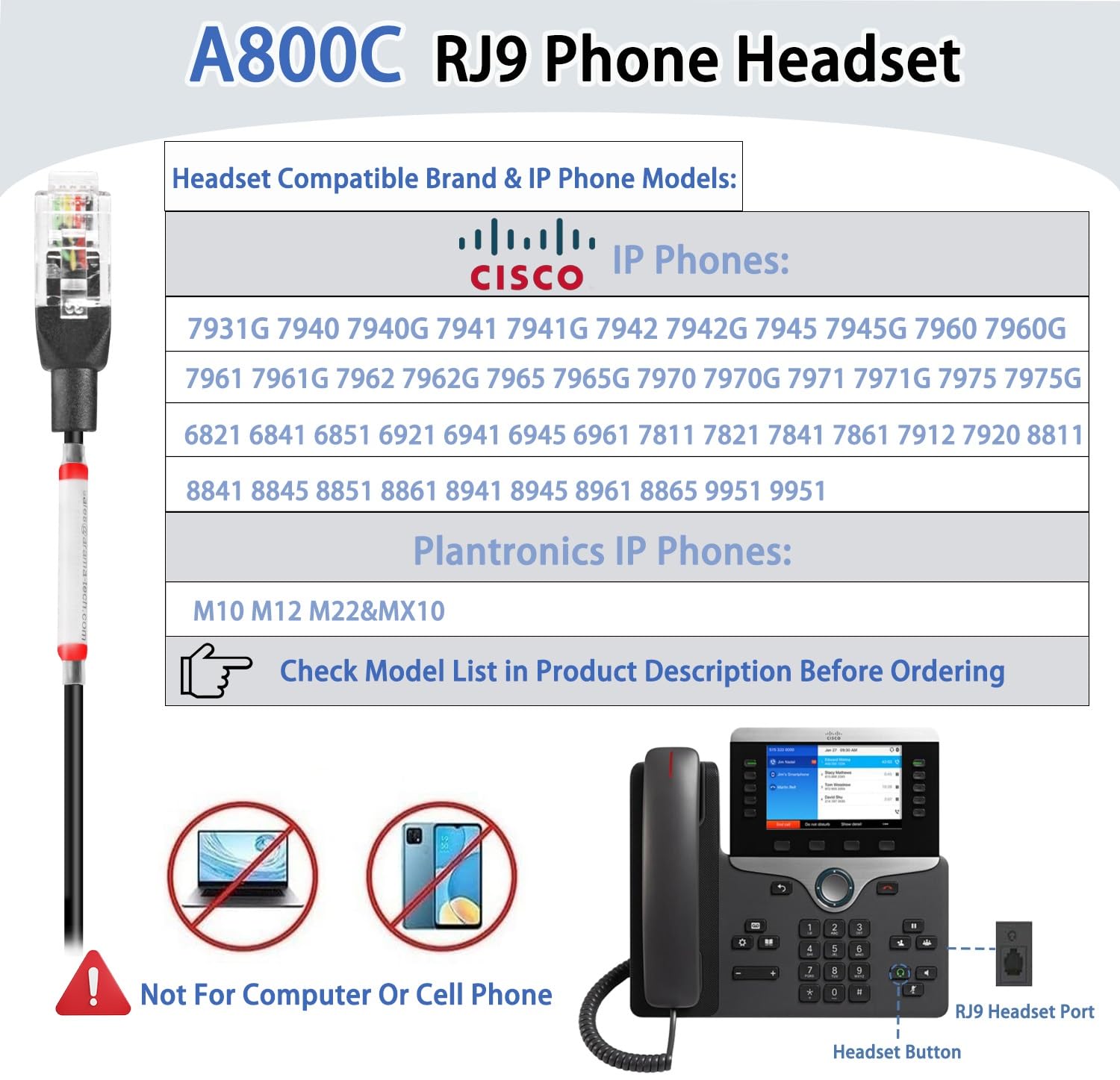 Noise Canceling Cisco Phone Headset with Mute Switch - Compatible with Cisco IP Phones 7821, 7841, 7942G, 7931G & More - Ideal for Office, Call Center & Remote Work