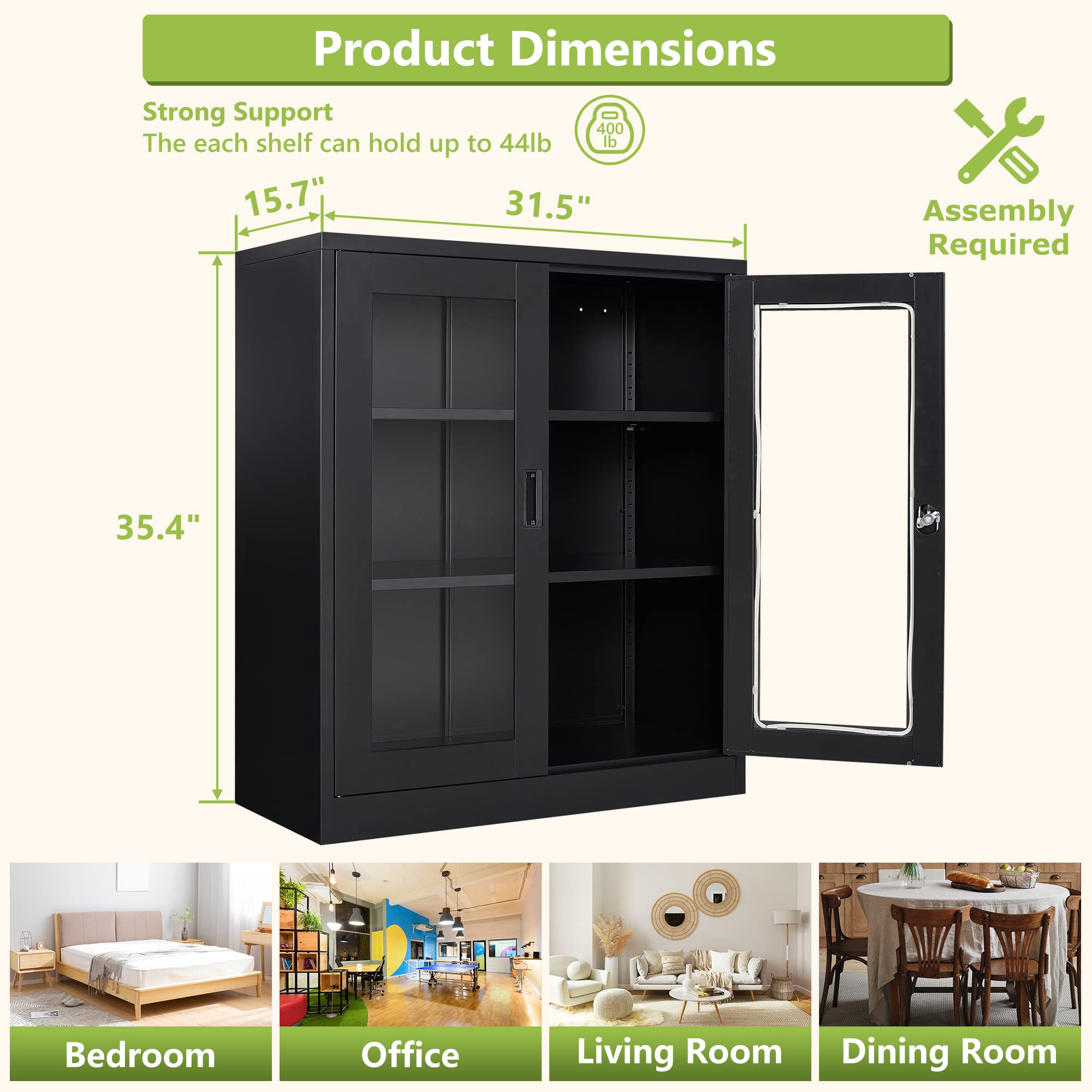 Metal Storage Cabinet with Glass Doors - Adjustable Shelves & Lockable Display for Home, Living Room, Hallway | Modern Sideboard & Bookcase for Collectibles, China, Decor