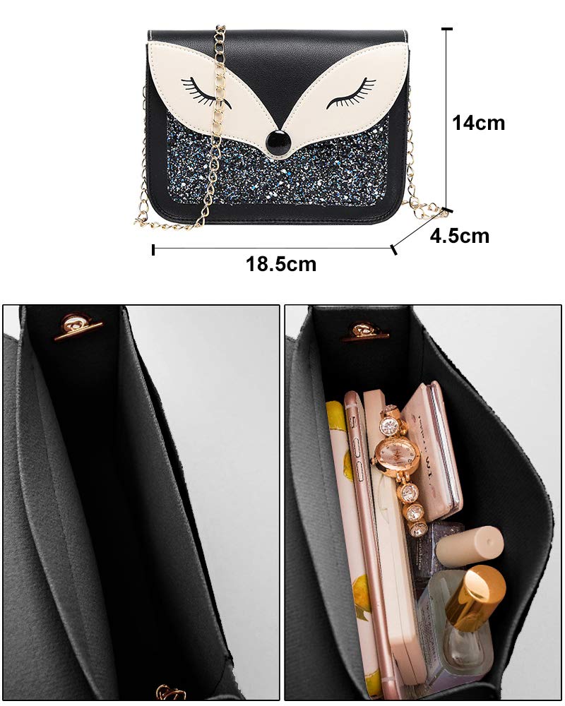 Cute Fox Sequins Leather Crossbody Shoulder Bag for Little Girls - Kids Fashion Purse for School, Party & Travel Gifts