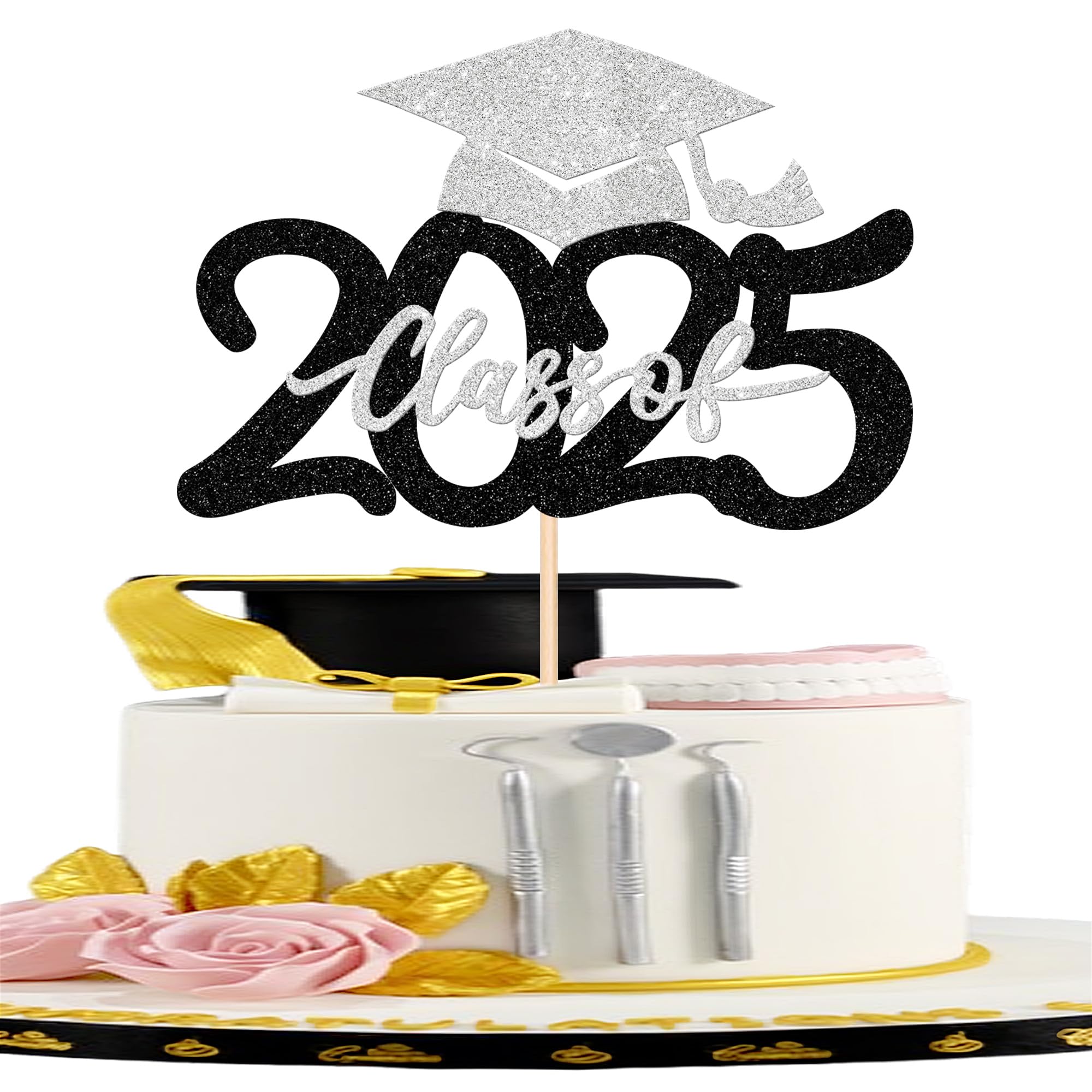 2025 Graduation Cake Topper - Glitter Graduation Cap Cake Pick for Class of 2025, Congrats Grad Cake Decoration - Perfect for 2025 Graduation Party Decor, Birthday Celebrations & Dessert Toppings (Black & Silver)