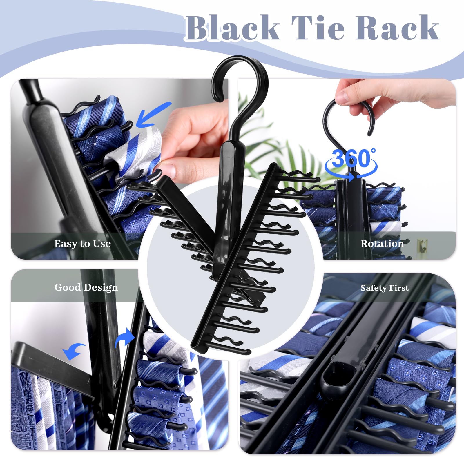 MCPINKY Black Tie Rack - 20 Hook Necktie & Belt Hanger Organizer - Space Saving Closet Storage Solution for Men's Accessories - Perfect for Home, Office, and Travel Organization