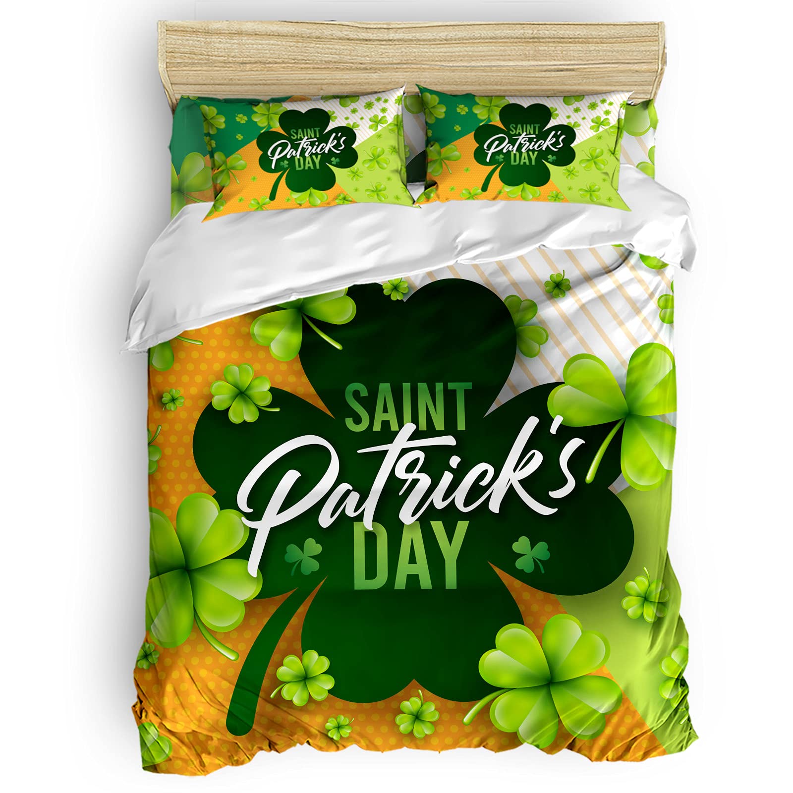 Funy Decor Duvet Cover Set Queen Size - 4 Piece Shamrock Clover Bedding Set with Orange Polka Dot Stripes, Comforter Cover, Fitted Sheet & Pillowcases - Perfect for St. Patrick's Day Decor & Irish-Themed Bedrooms