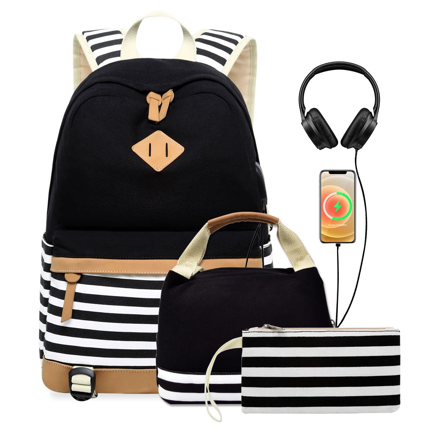 WUUDWALK Canvas Stripe Backpack Set with USB Charging Port - 3 Piece School Backpack Combo for Girls & Teens (Includes Lunch Bag & Pencil Case) - Perfect for School, Travel & Daily Use