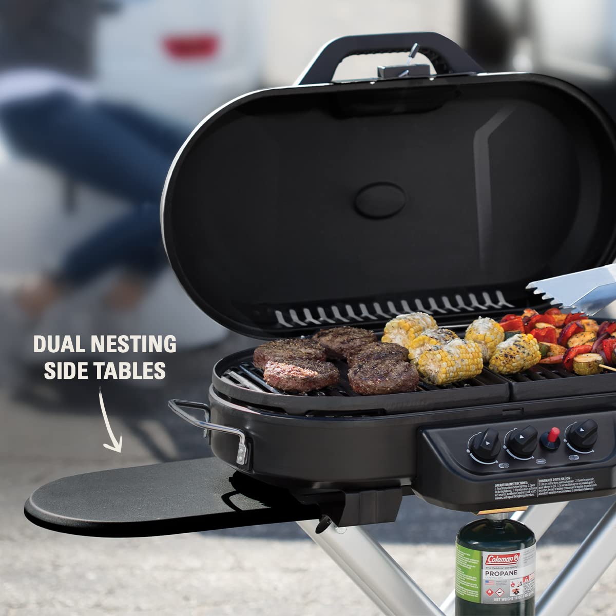 Coleman RoadTrip 285 Portable Stand-Up Propane Grill with 3 Adjustable Burners & InstaStart Ignition - 20,000 BTU Outdoor Gas Grill for Camping, Tailgating, and Backyard BBQs