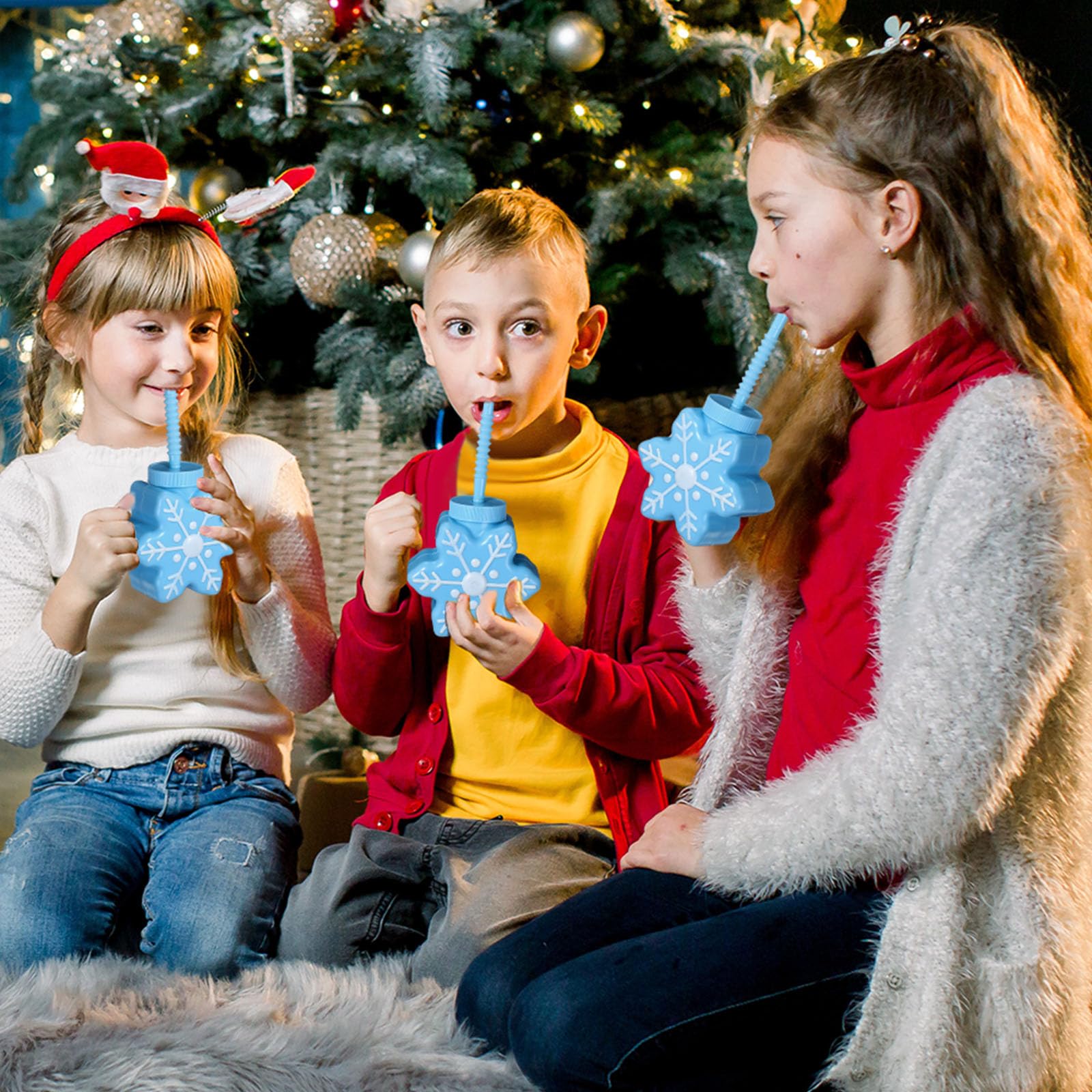 12 Pack Sliner Winter Snowflake Themed Plastic Cups 10oz - Reusable Party Cups with Lids & Straws for Christmas, Winter Birthday, Holiday Celebrations - Perfect for Hot/Cold Drinks at Office Parties, Family Gatherings & Festive Events