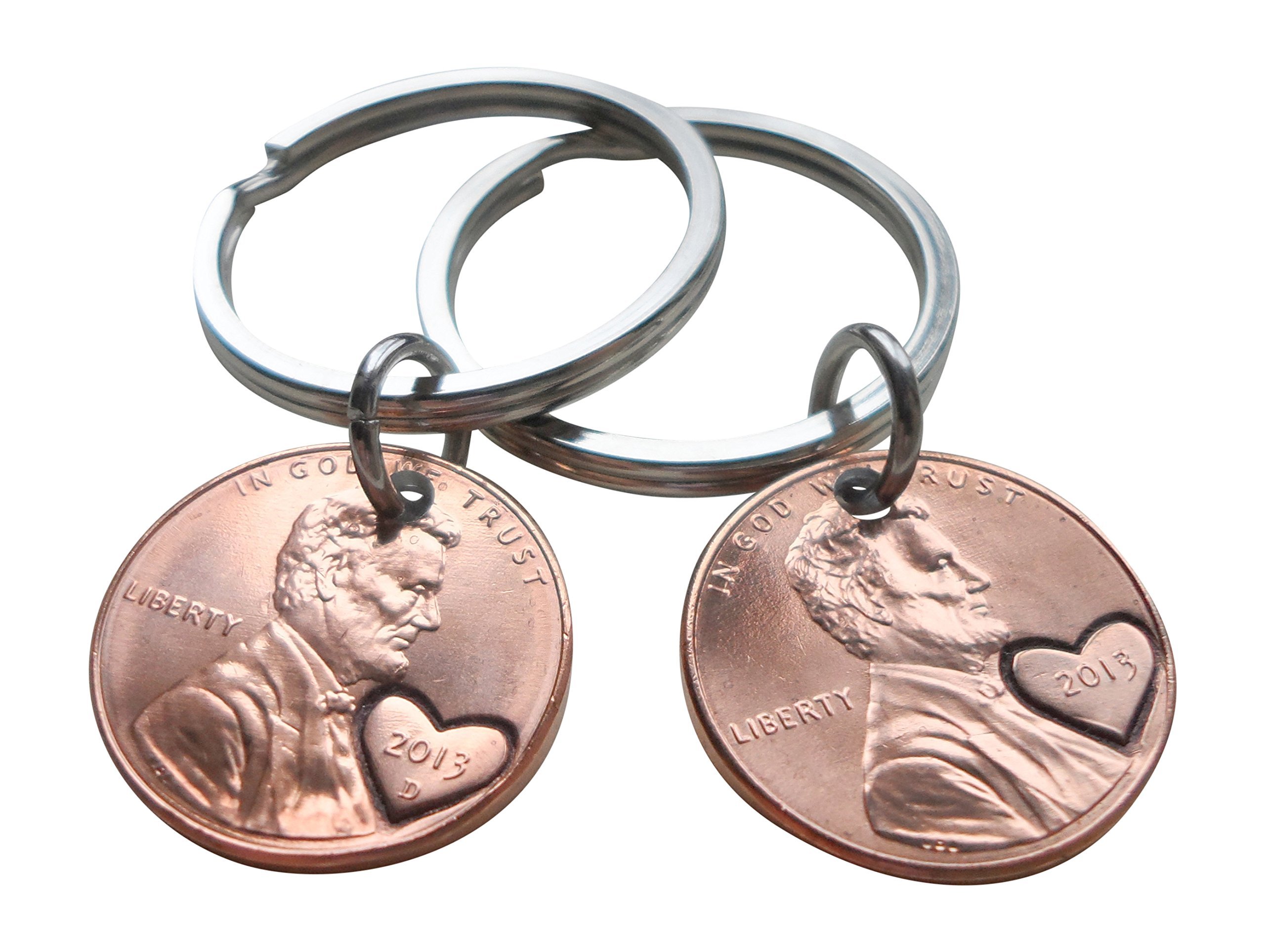 2013 Double Heart Penny Keychains - 10 Year Anniversary Couples Keychain Set for Romantic Gifts & Keepsakes