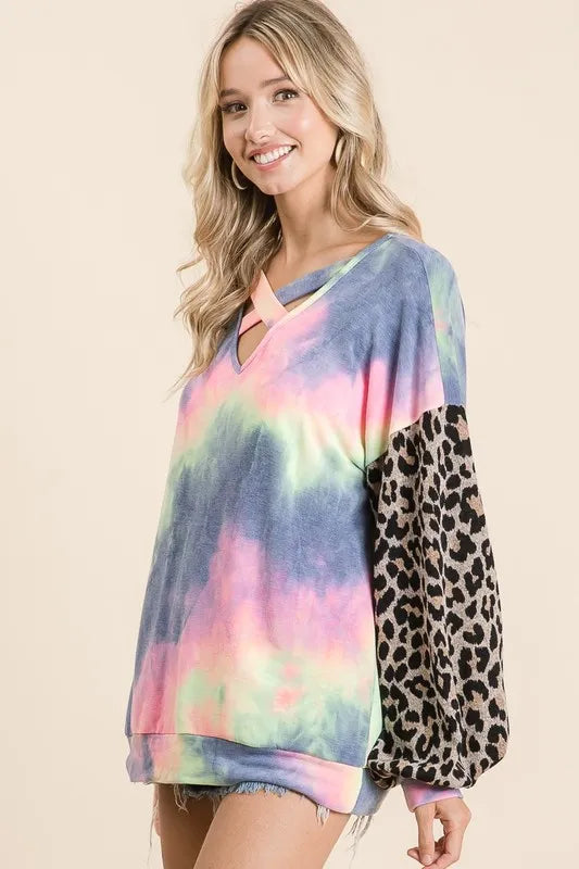 BiBi Tie Dye Terry Crop Top with Leopard Print Puff Sleeves | Trendy Women's Fashion for Summer Outfits, Music Festivals & Beach Vacations