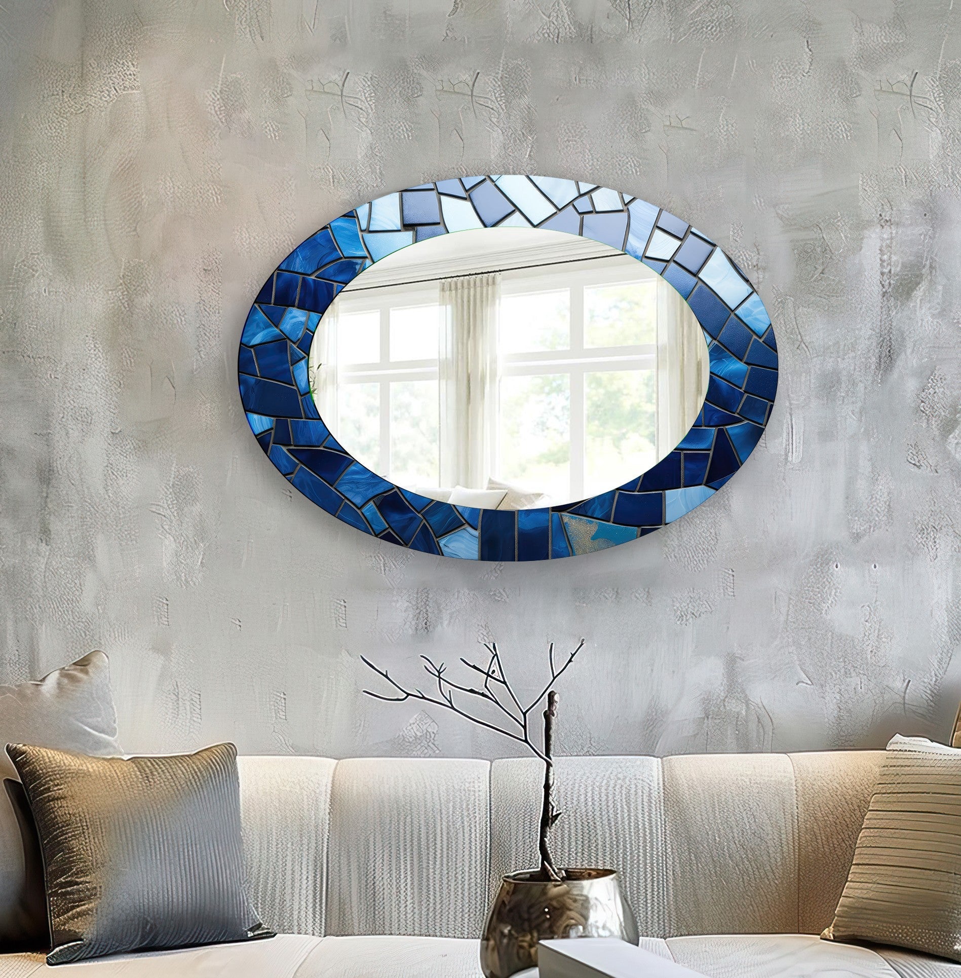 Elegant Blue Oval Wall Mirror for Home Decor - Perfect for Living Room, Bedroom & Entryway Decoration